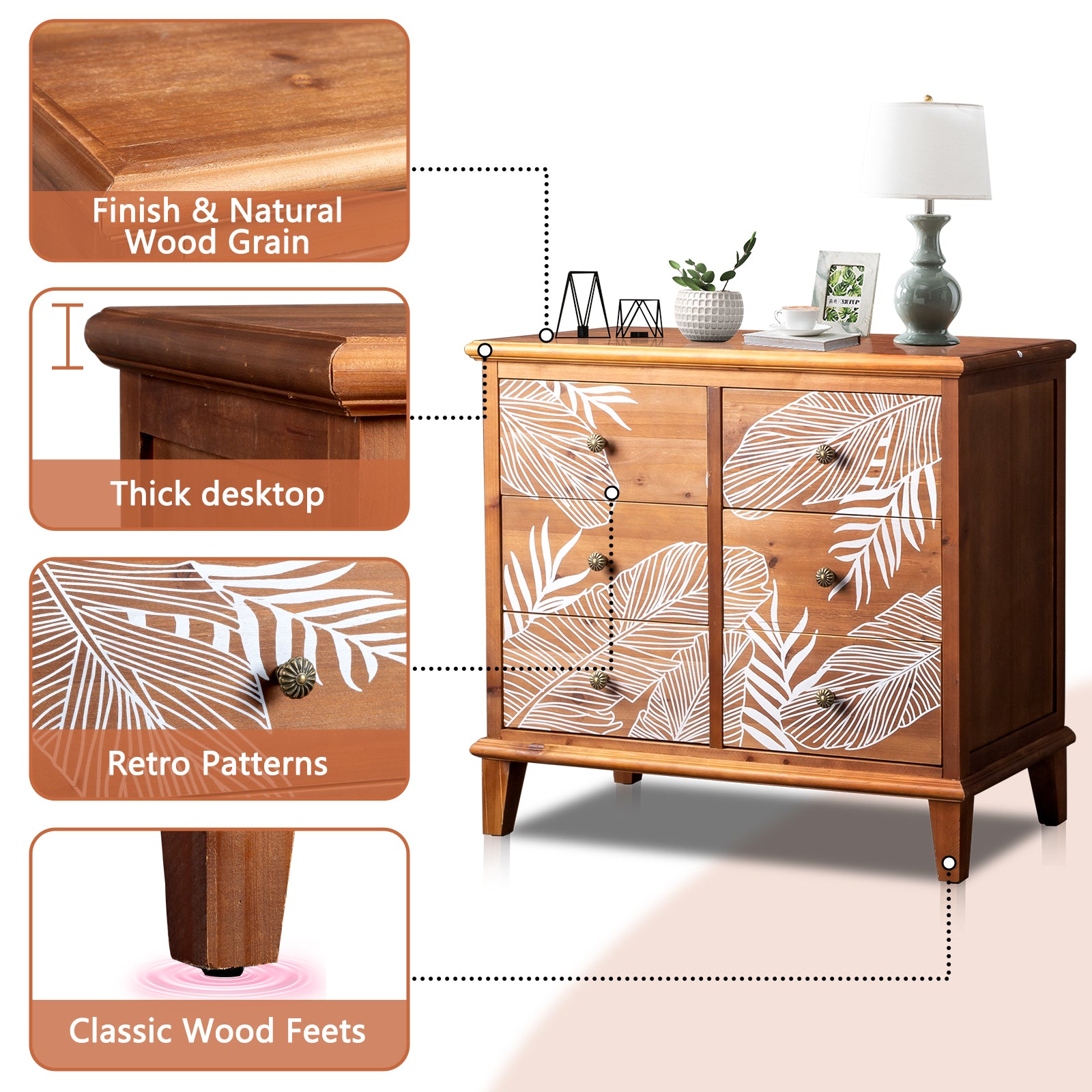 HAOYYE FCH Brown 6-Drawer Chest with MDF Veneer and Solid Wood Frame, 80x40x73cm, Bohemian Style Storage Dresser for Bedroom, Living Room, Compact and Stylish Organizer, Retro and Modern Design with Ample Storage Space