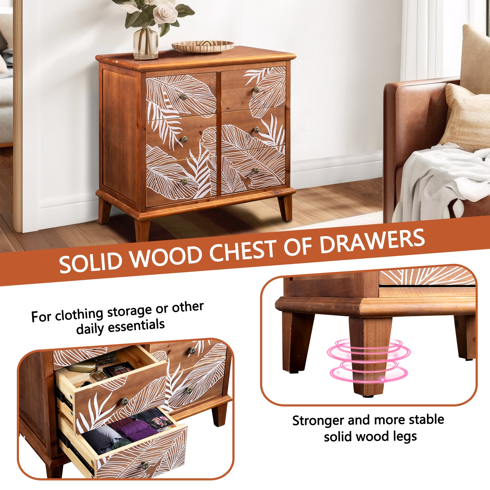 HAOYYE FCH Brown 6-Drawer Chest with MDF Veneer and Solid Wood Frame, 80x40x73cm, Bohemian Style Storage Dresser for Bedroom, Living Room, Compact and Stylish Organizer, Retro and Modern Design with Ample Storage Space