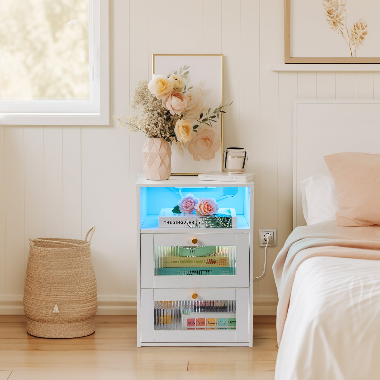 HAOYYE White Hemp Nightstand with Wireless Charging, RGB LED Light, USB Ports, Power Outlets, 2 Drawers, Changhong Glass Door, Modern Design.