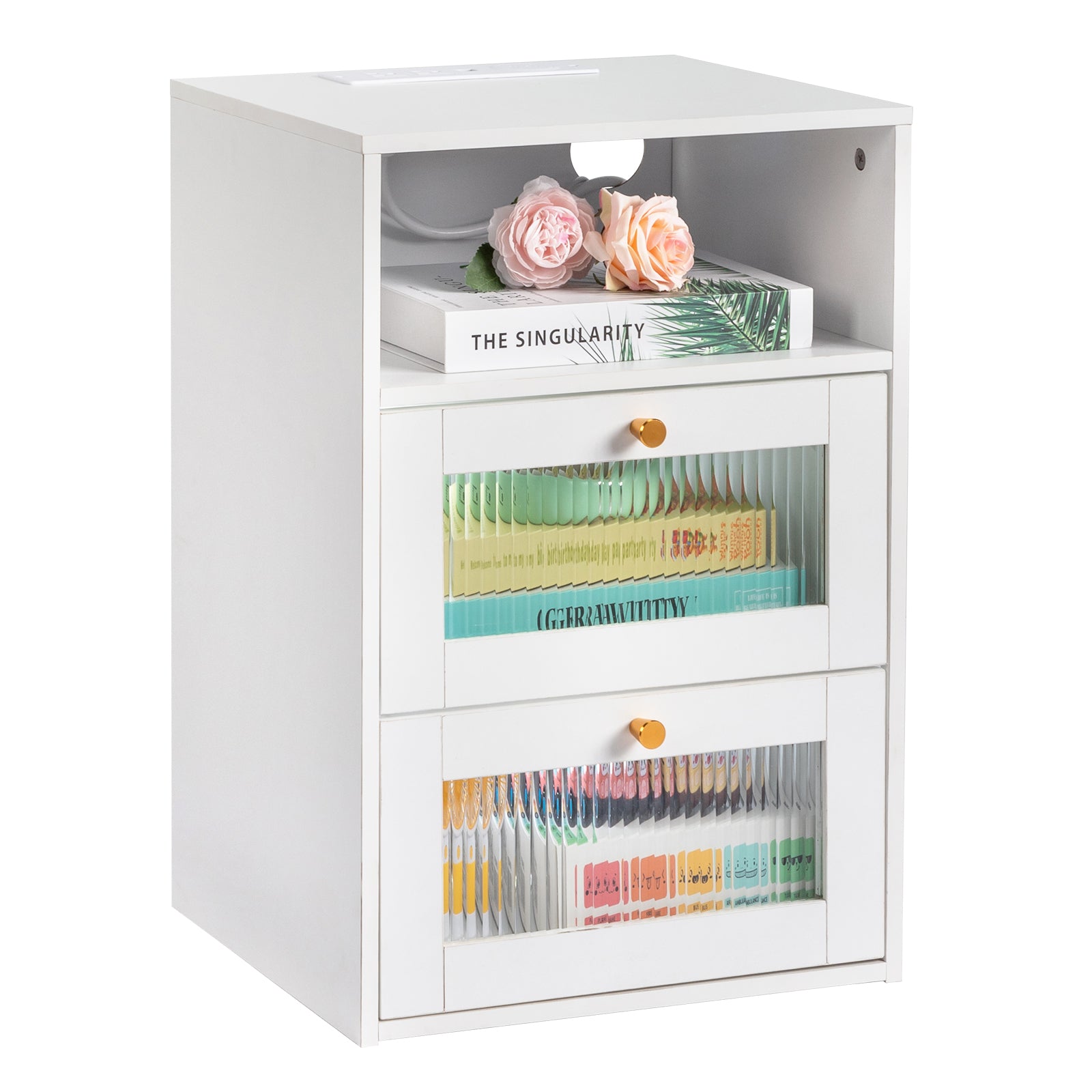 HAOYYE White Hemp Nightstand with Wireless Charging, RGB LED Light, USB Ports, Power Outlets, 2 Drawers, Changhong Glass Door, Modern Design.