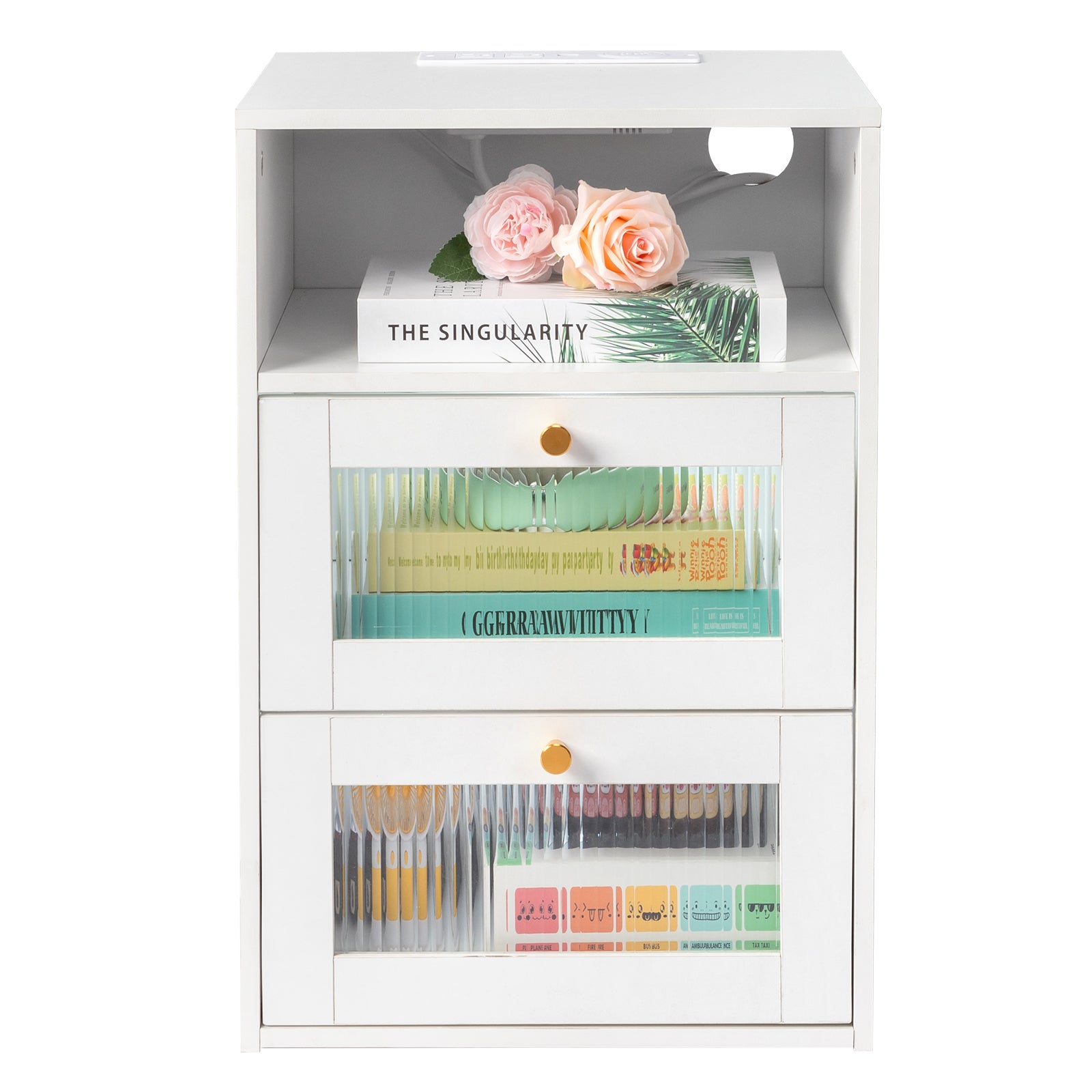 HAOYYE White Hemp Nightstand with Wireless Charging, RGB LED Light, USB Ports, Power Outlets, 2 Drawers, Changhong Glass Door, Modern Design.