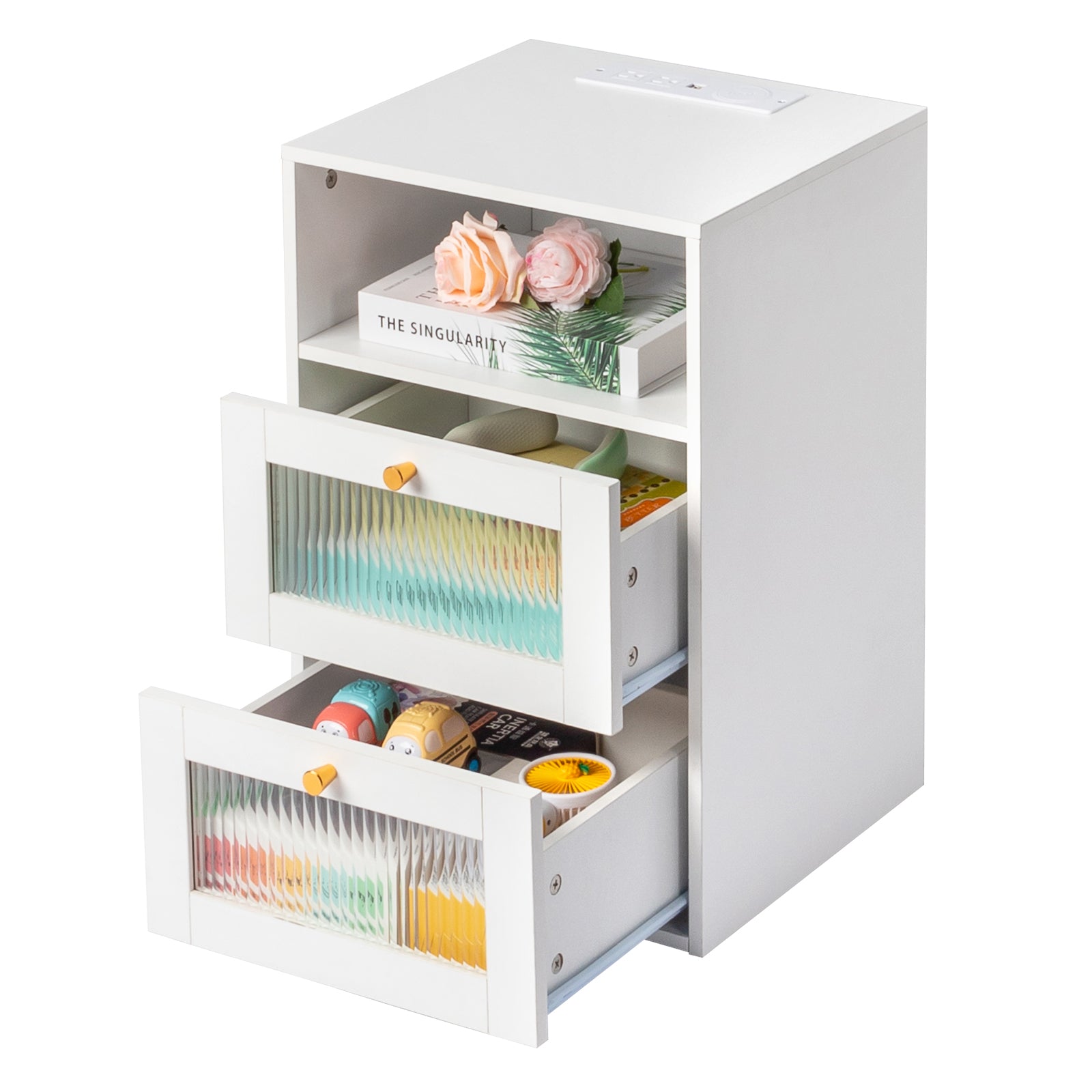 HAOYYE White Hemp Nightstand with Wireless Charging, RGB LED Light, USB Ports, Power Outlets, 2 Drawers, Changhong Glass Door, Modern Design.