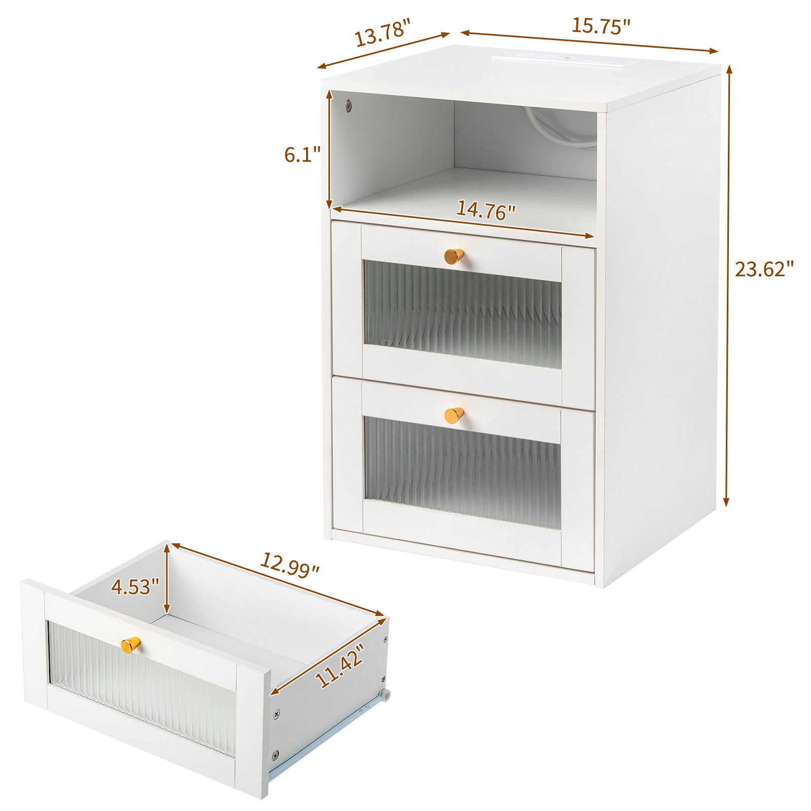 HAOYYE White Hemp Nightstand with Wireless Charging, RGB LED Light, USB Ports, Power Outlets, 2 Drawers, Changhong Glass Door, Modern Design.