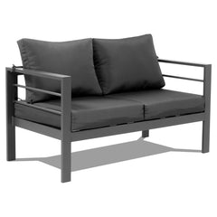 Haoyye Outdoor Loveseat Sofa and Coffee Table Set with Grey Aluminum Frame and Dark Grey Cushions, Modern Patio Conversation Furniture for Balcony, Garden, Porch or Deck, Weather Resistant and Comfortable Seating Solution