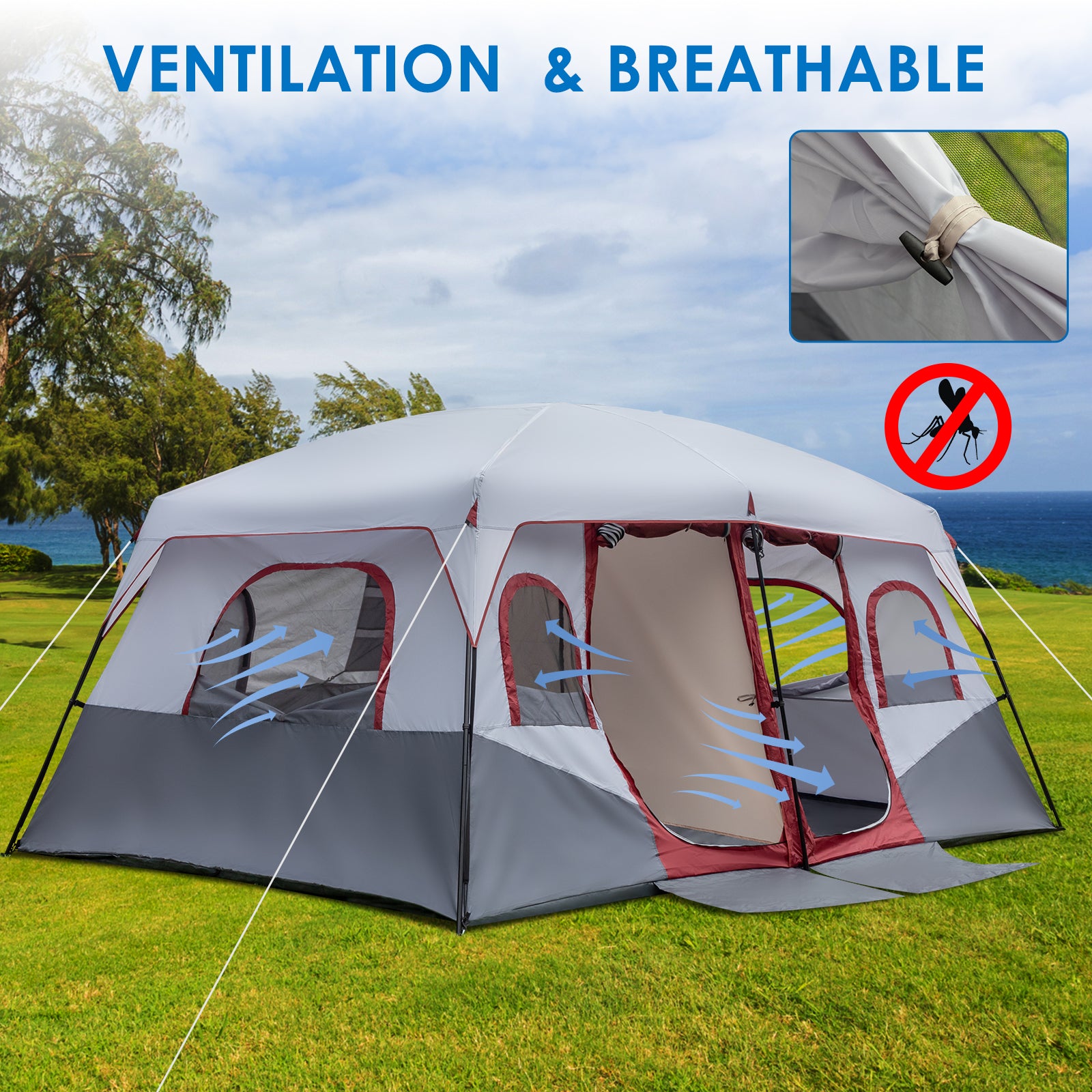 Haoyye 10-Person Family Cabin Tent, 2-Room Spacious Tent with Adjustable Ventilation, Storage Pockets, Weather Protection, Ideal for Camping and Hiking, Easy Setup, Durable and Comfortable for Group Outdoor Adventures