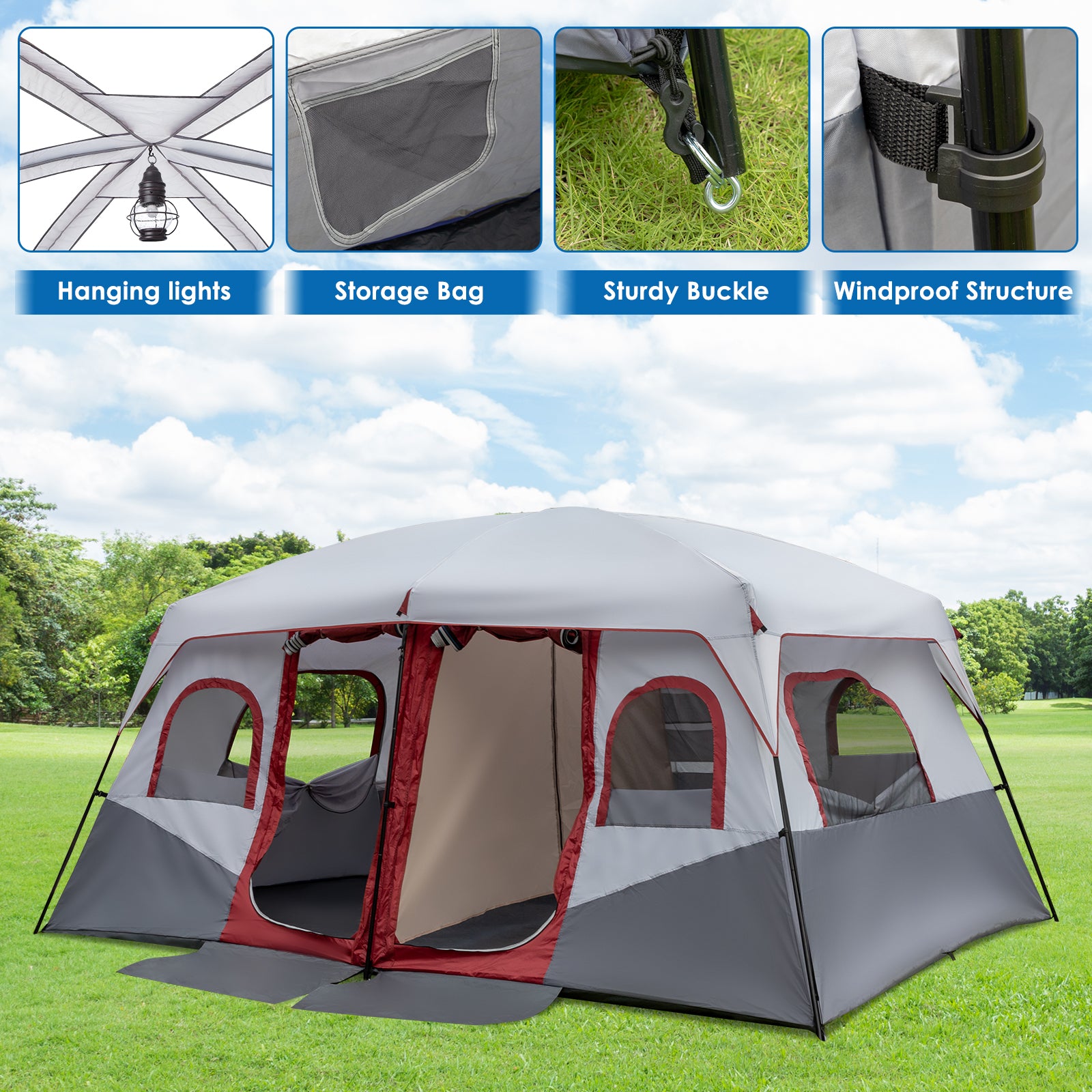 Haoyye 10-Person Family Cabin Tent, 2-Room Spacious Tent with Adjustable Ventilation, Storage Pockets, Weather Protection, Ideal for Camping and Hiking, Easy Setup, Durable and Comfortable for Group Outdoor Adventures