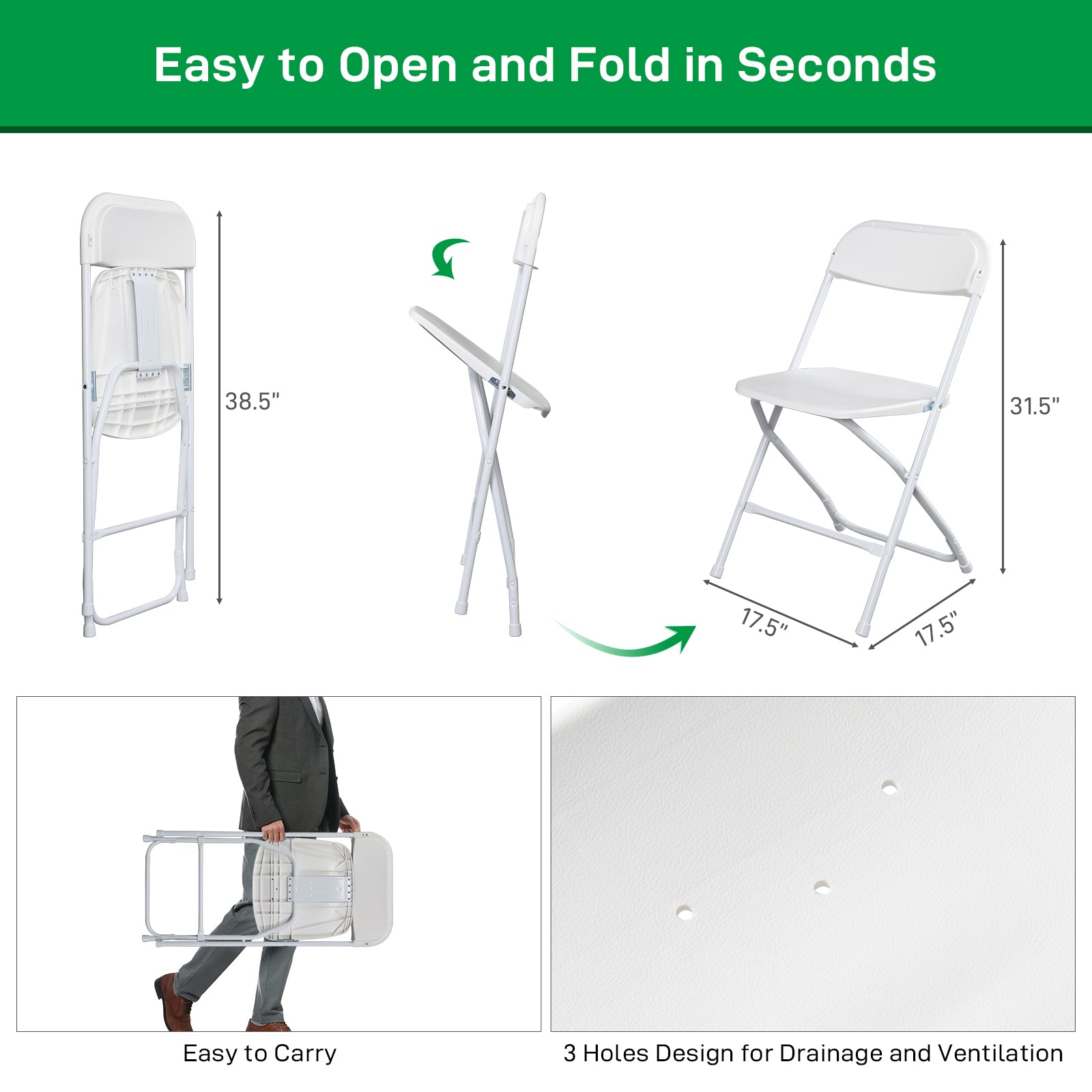 HAOYYE 4pcs Injection Molding Classic Garden Plastic Folding Chairs, Sturdy and Lightweight, Black, Easy to Store and Transport, Perfect for Outdoor and Indoor Use