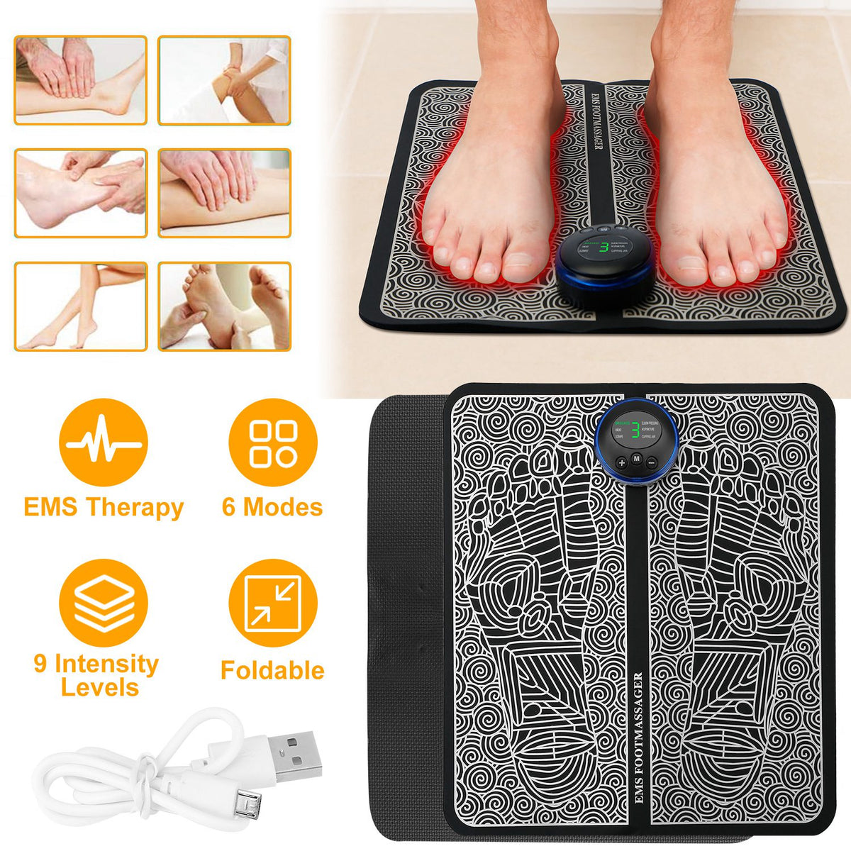 HAOYYE EMS Foot Massage Pad Electric Stimulator Massager Rechargeable Muscle Pain Relief Foot And Leg Massager With 6 Modes And 9 Intensity Levels For Blood Circulation Relaxation And Leg Reshaping