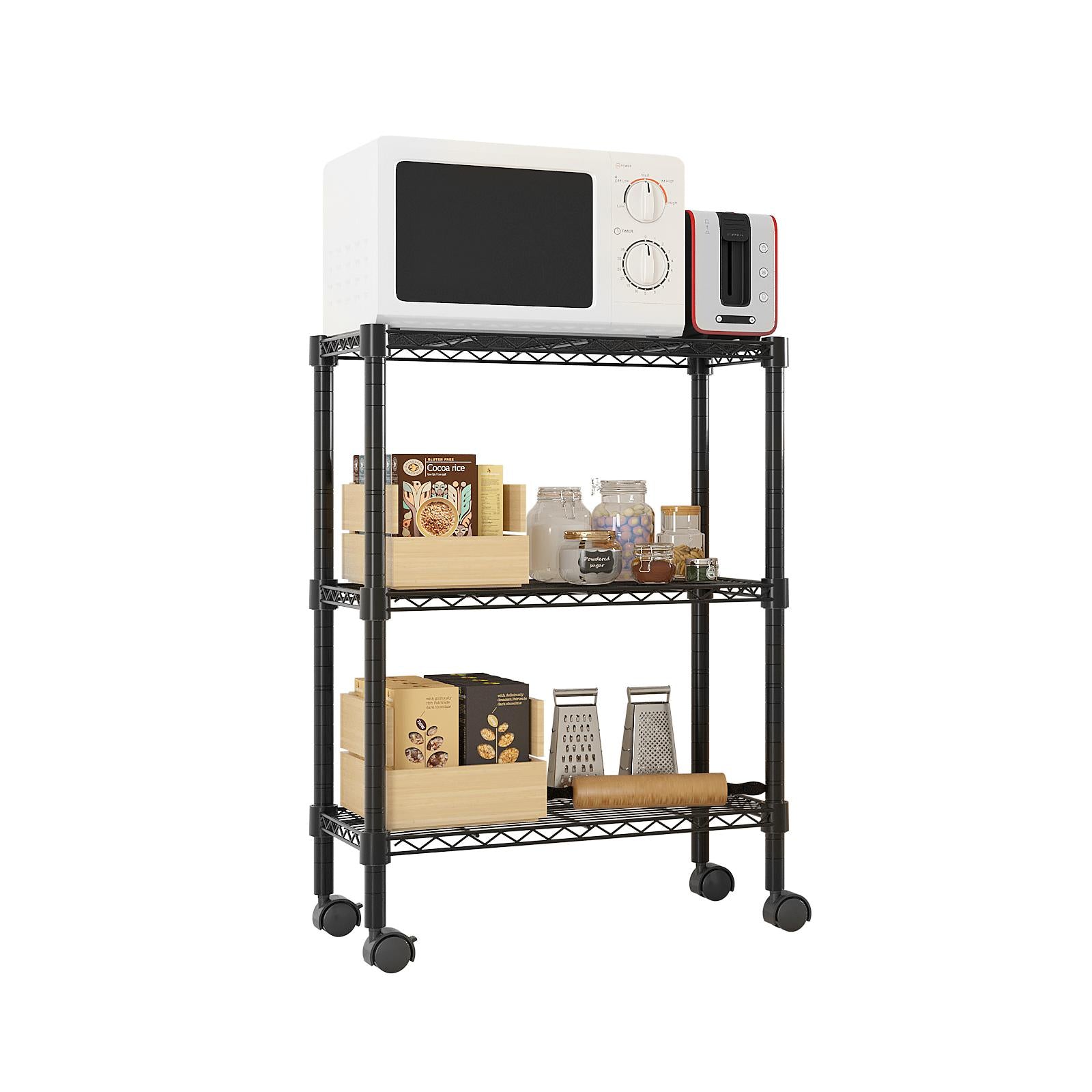 HAOYYE 3-Layer Plastic Coated Iron Shelf with 1.5" Plastic Wheels, Black, Premium Quality, Stylish and Durable Storage Rack, Perfect for Organizing Home, Office, or Kitchen, Comfortable and Modern Design with Decorative Appeal