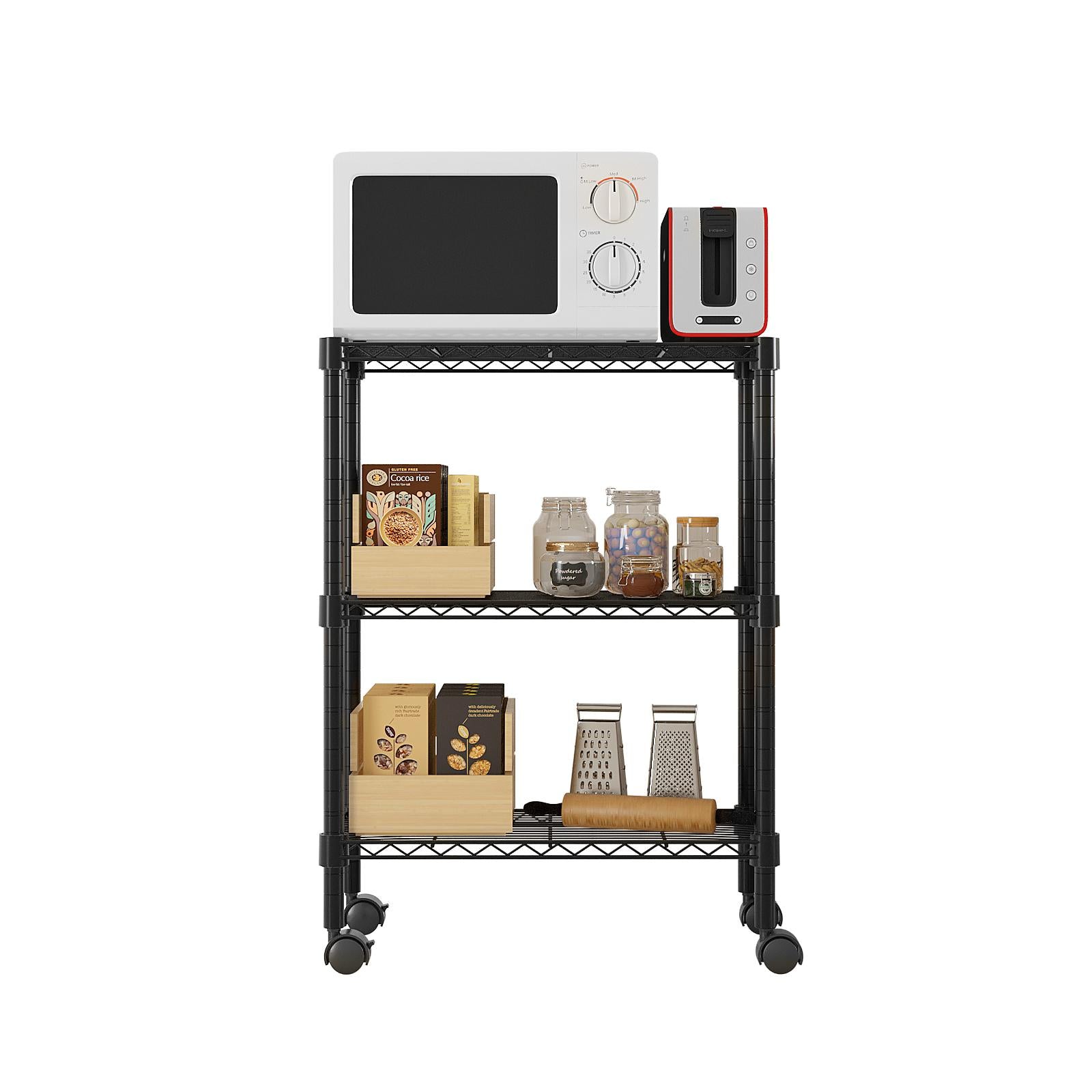 HAOYYE 3-Layer Plastic Coated Iron Shelf with 1.5" Plastic Wheels, Black, Premium Quality, Stylish and Durable Storage Rack, Perfect for Organizing Home, Office, or Kitchen, Comfortable and Modern Design with Decorative Appeal