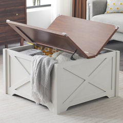 HAOYYE Farmhouse Coffee Table, Square Wood Center Table with Large Hidden Storage Compartment, Rustic Cocktail Table with Hinged Lift Top for Living Room, Brown and White Soft Cozy Warm Design, Stylish and Functional Home Furniture