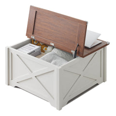 HAOYYE Farmhouse Coffee Table, Square Wood Center Table with Large Hidden Storage Compartment, Rustic Cocktail Table with Hinged Lift Top for Living Room, Brown and White Soft Cozy Warm Design, Stylish and Functional Home Furniture