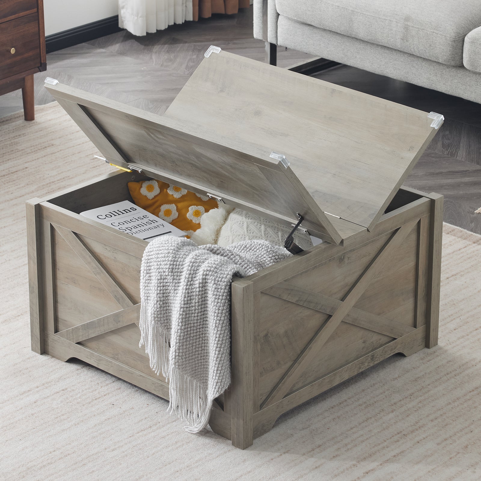 HAOYYE Farmhouse Coffee Table, Square Wood Center Table with Large Hidden Storage Compartment, Hinged Lift Top Rustic Cocktail Table for Living Room, Home, Rustic Gray Soft Cozy Warm Flannel, Multi-Functional Storage Solution