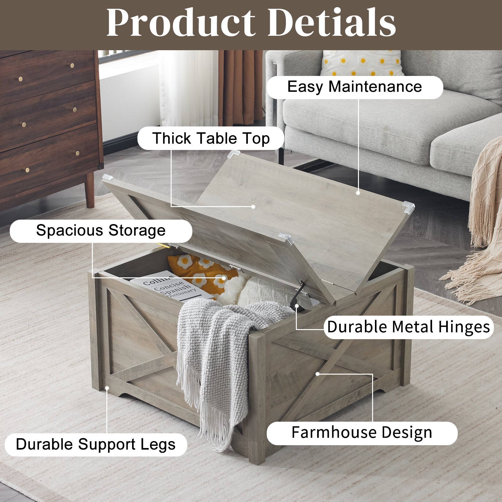 HAOYYE Farmhouse Coffee Table, Square Wood Center Table with Large Hidden Storage Compartment, Hinged Lift Top Rustic Cocktail Table for Living Room, Home, Rustic Gray Soft Cozy Warm Flannel, Multi-Functional Storage Solution