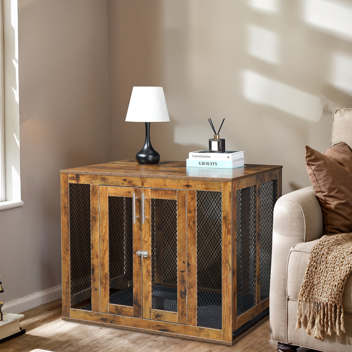 HAOYYE Furniture Dog Crate with Tray for Large Dogs, Indoor Pet Kennel Cage with Door, Decorative Wooden Dog House, Modern End Table Nightstand, Rustic Brown Finish, Stylish and Functional Design for Home and Pets
