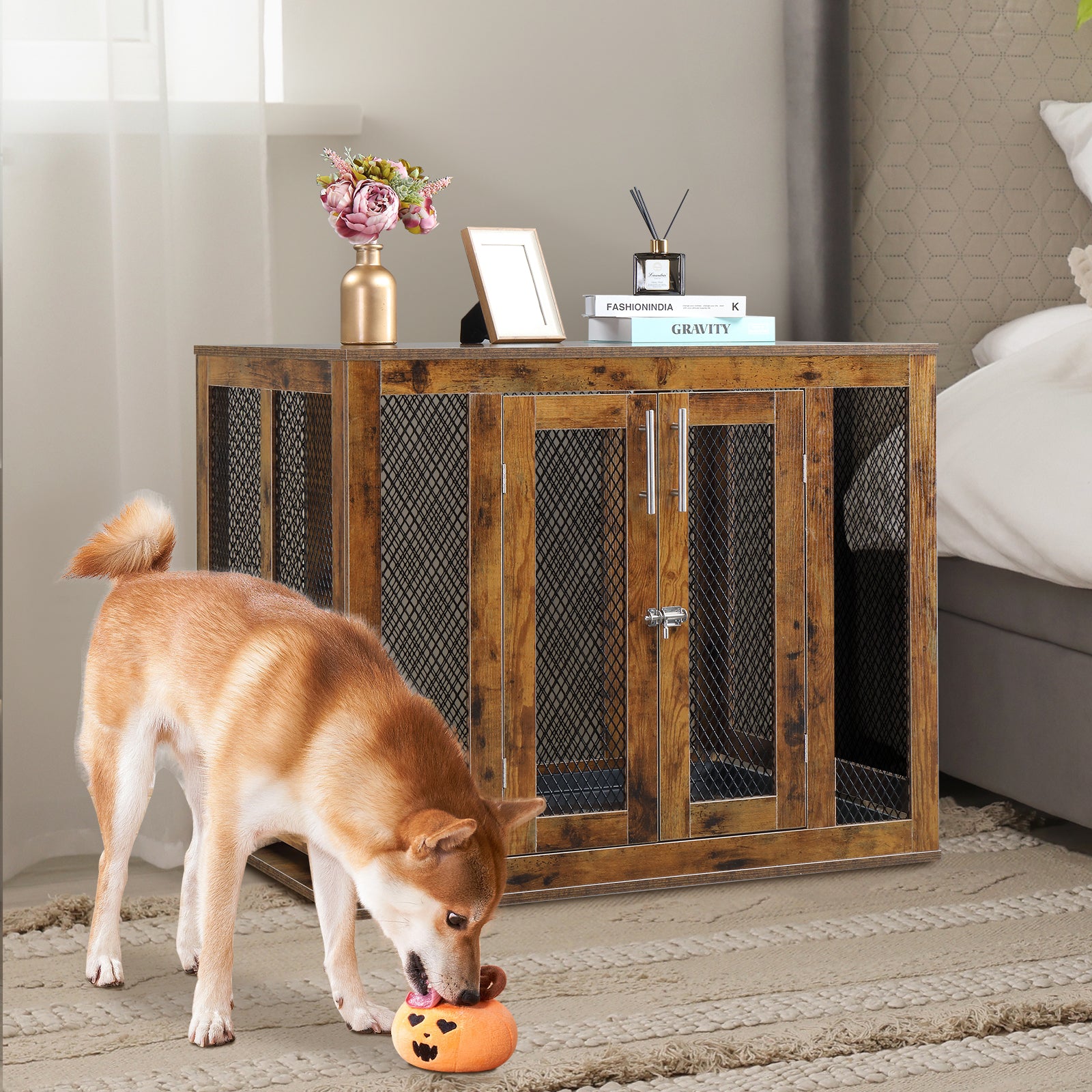 HAOYYE Furniture Dog Crate with Tray for Large Dogs, Indoor Pet Kennel Cage with Door, Decorative Wooden Dog House, Modern End Table Nightstand, Rustic Brown Finish, Stylish and Functional Design for Home and Pets