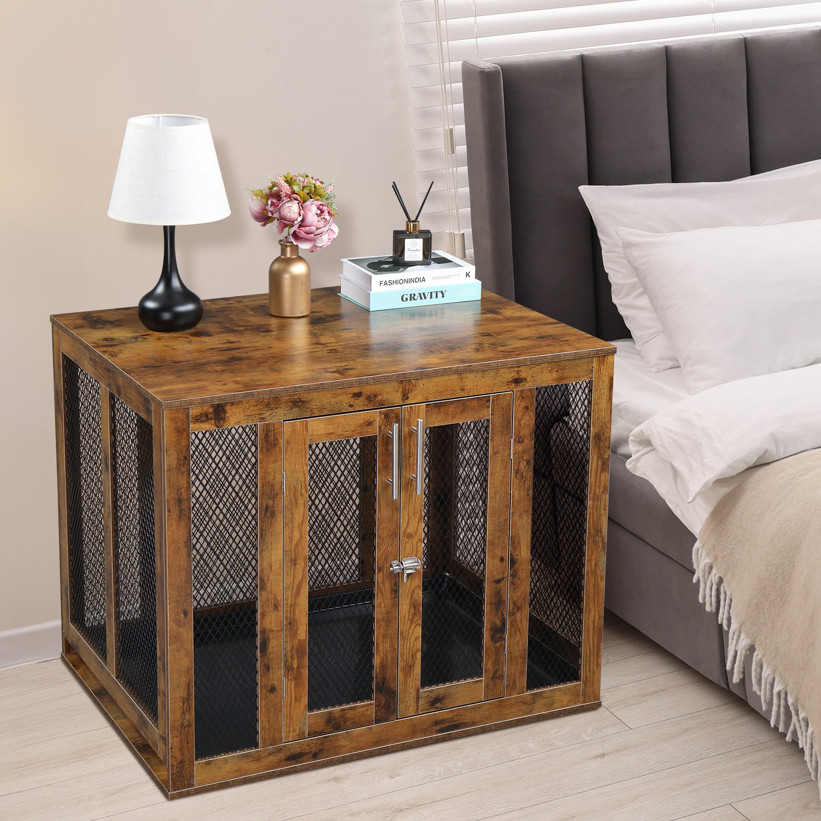 HAOYYE Furniture Dog Crate with Tray for Large Dogs, Indoor Pet Kennel Cage with Door, Decorative Wooden Dog House, Modern End Table Nightstand, Rustic Brown Finish, Stylish and Functional Design for Home and Pets