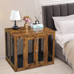 HAOYYE Furniture Dog Crate with Tray for Large Dogs, Indoor Pet Kennel Cage with Door, Decorative Wooden Dog House, Modern End Table Nightstand, Rustic Brown Finish, Stylish and Functional Design for Home and Pets