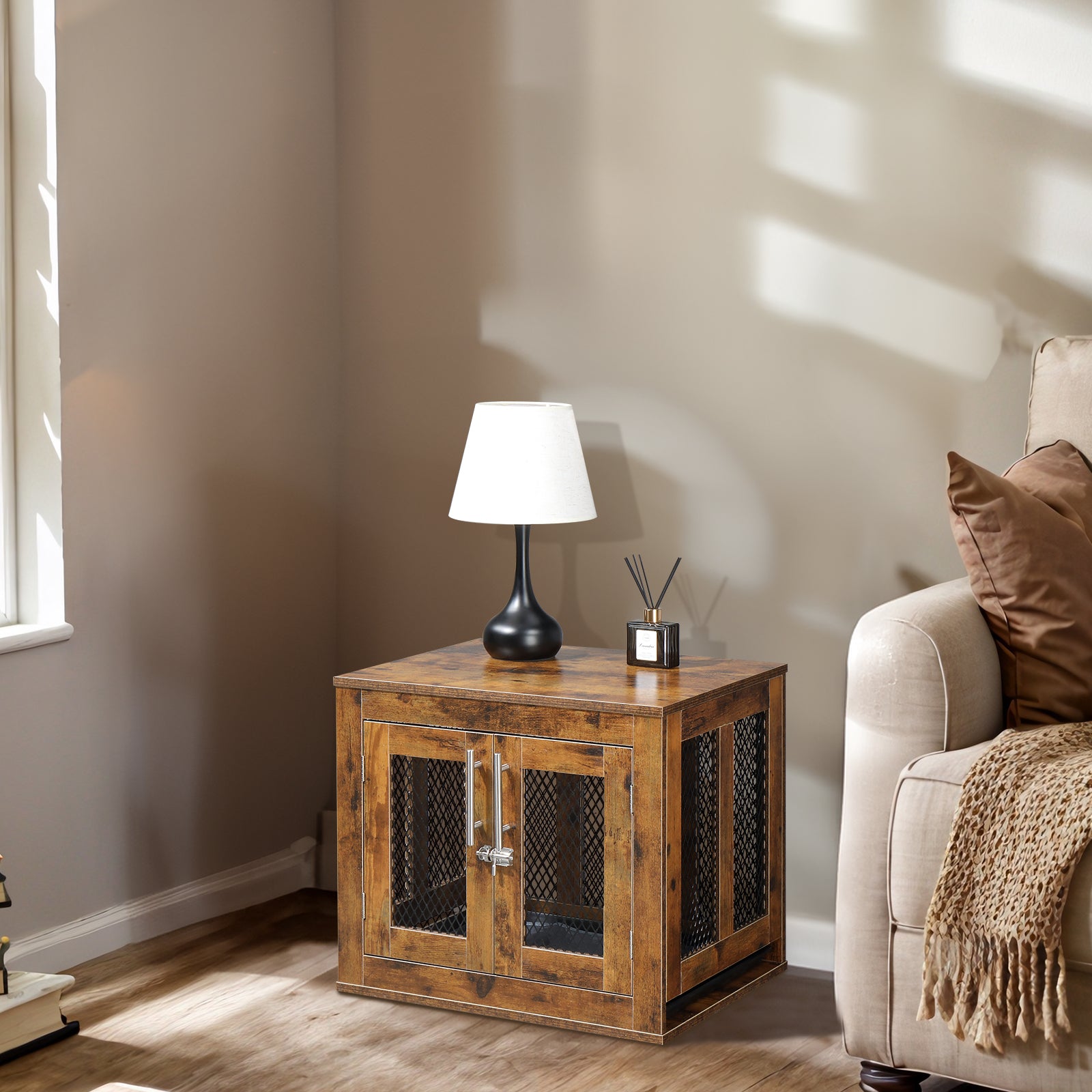 HAOYYE Furniture Dog Crate with Tray for Small Dogs, Indoor Decorative Pet House, Puppy Kennel with Door, Rustic Brown Wood End Table Nightstand, Modern Aesthetic Dog Cage, Stylish and Cute, Ideal for Dogs, Cats, and Small Pets