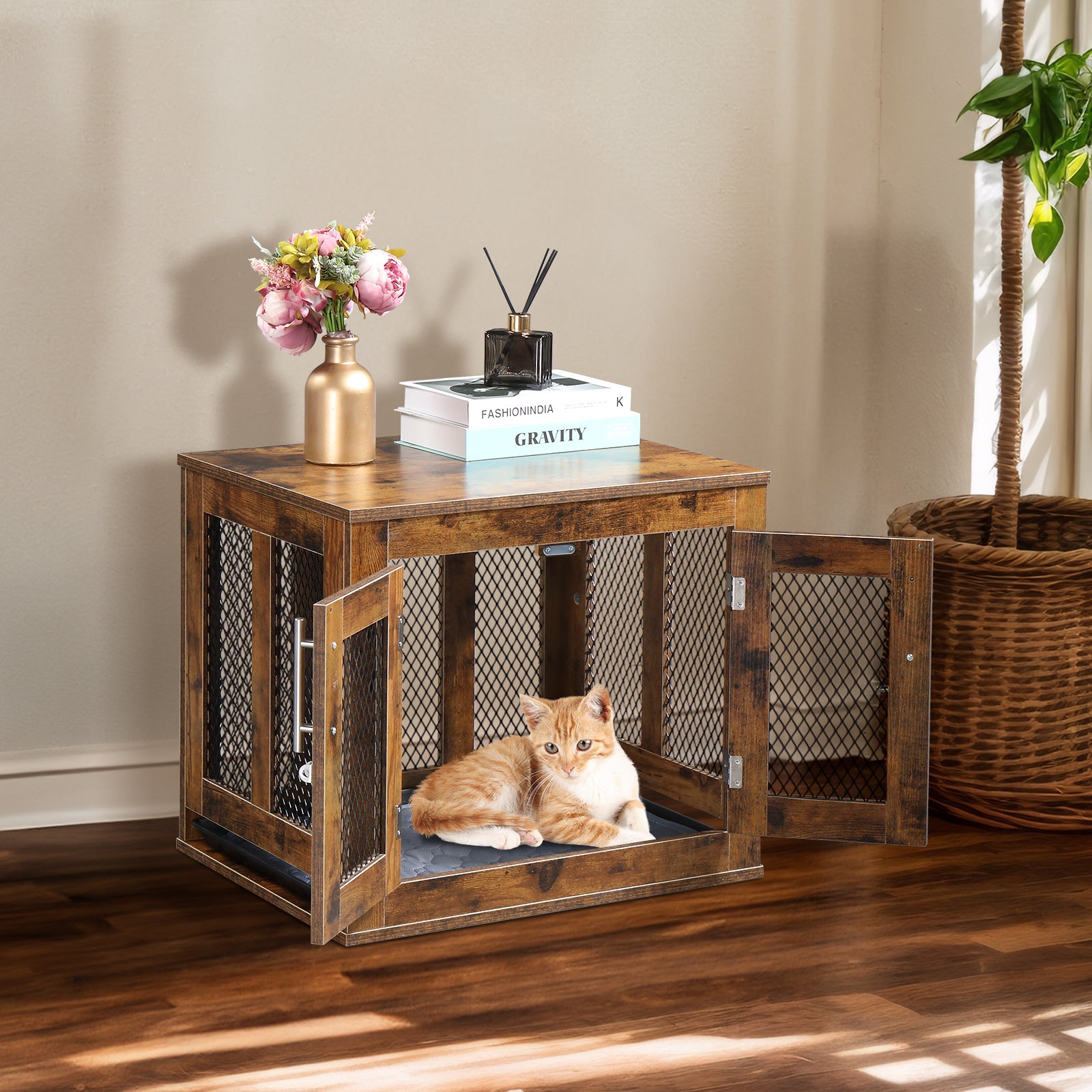 HAOYYE Furniture Dog Crate with Tray for Small Dogs, Indoor Decorative Pet House, Puppy Kennel with Door, Rustic Brown Wood End Table Nightstand, Modern Aesthetic Dog Cage, Stylish and Cute, Ideal for Dogs, Cats, and Small Pets