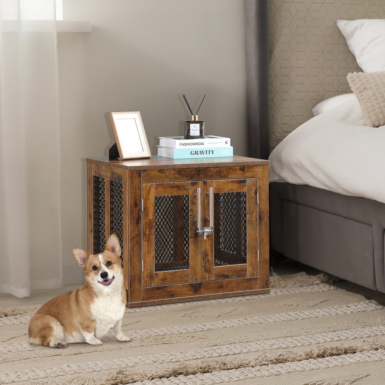 HAOYYE Furniture Dog Crate with Tray for Small Dogs, Indoor Decorative Pet House, Puppy Kennel with Door, Rustic Brown Wood End Table Nightstand, Modern Aesthetic Dog Cage, Stylish and Cute, Ideal for Dogs, Cats, and Small Pets