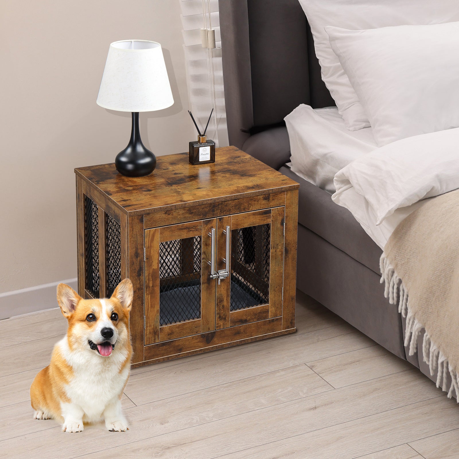 HAOYYE Furniture Dog Crate with Tray for Small Dogs, Indoor Decorative Pet House, Puppy Kennel with Door, Rustic Brown Wood End Table Nightstand, Modern Aesthetic Dog Cage, Stylish and Cute, Ideal for Dogs, Cats, and Small Pets
