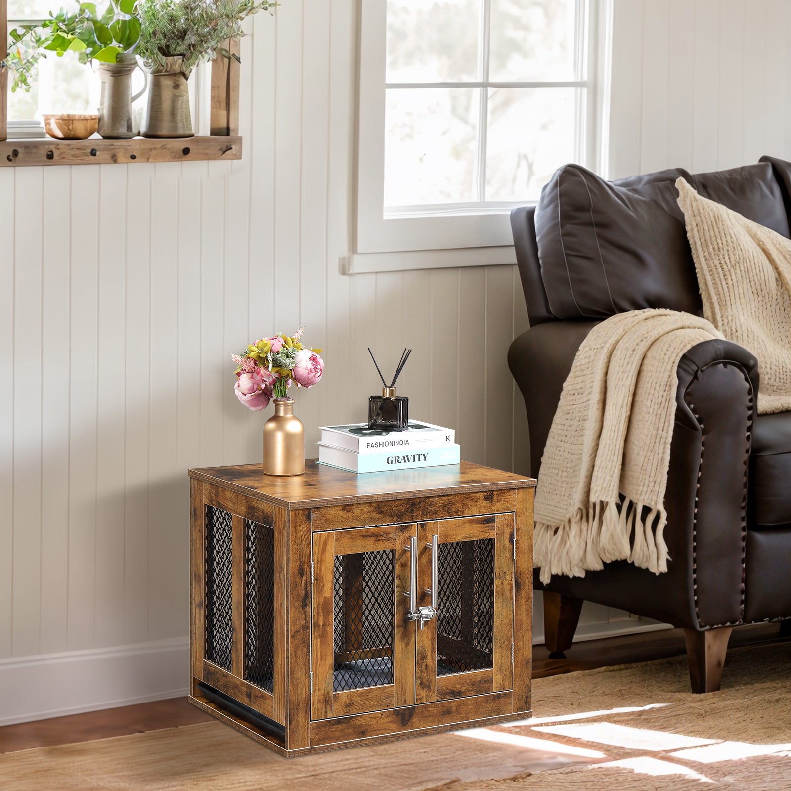 HAOYYE Furniture Dog Crate with Tray for Small Dogs, Indoor Decorative Pet House, Puppy Kennel with Door, Rustic Brown Wood End Table Nightstand, Modern Aesthetic Dog Cage, Stylish and Cute, Ideal for Dogs, Cats, and Small Pets