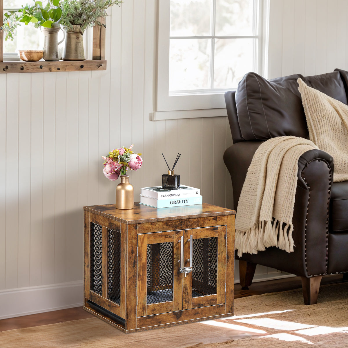 HAOYYE Furniture Dog Crate with Tray for Small Dogs, Indoor Decorative Pet House, Puppy Kennel with Door, Rustic Brown Wood End Table Nightstand, Modern Aesthetic Dog Cage, Stylish and Cute, Ideal for Dogs, Cats, and Small Pets