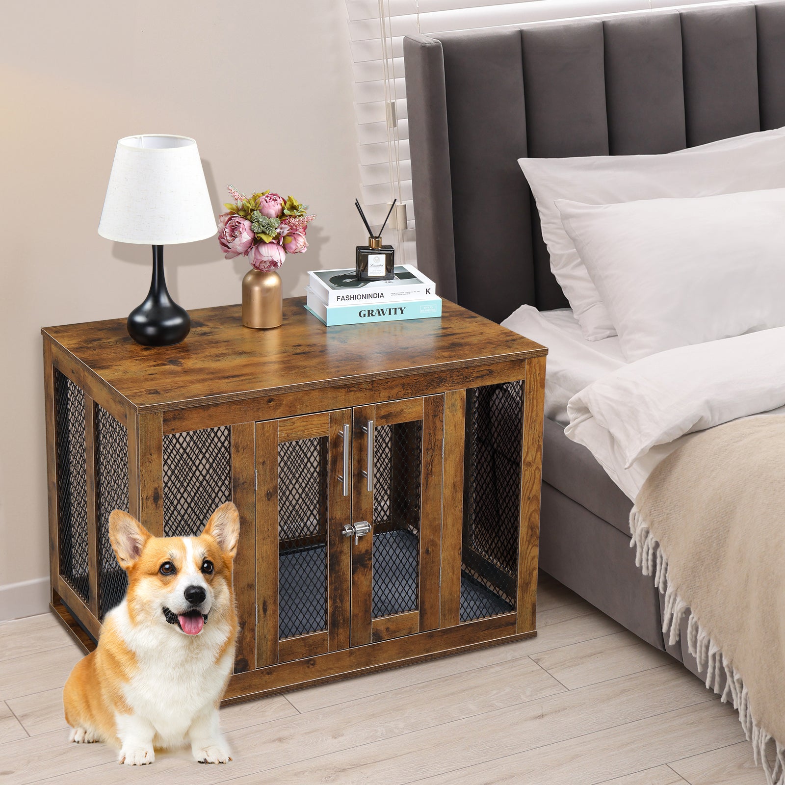 HAOYYE Furniture Dog Crate with Tray for Medium Dogs, Indoor Aesthetic Puppy Kennel Pet House Dog Cage with Door, Modern Decorative Wood Design, Pretty Cute Fancy End Side Table Nightstand, Rustic Brown Soft Finish, Stylish Pet Furniture