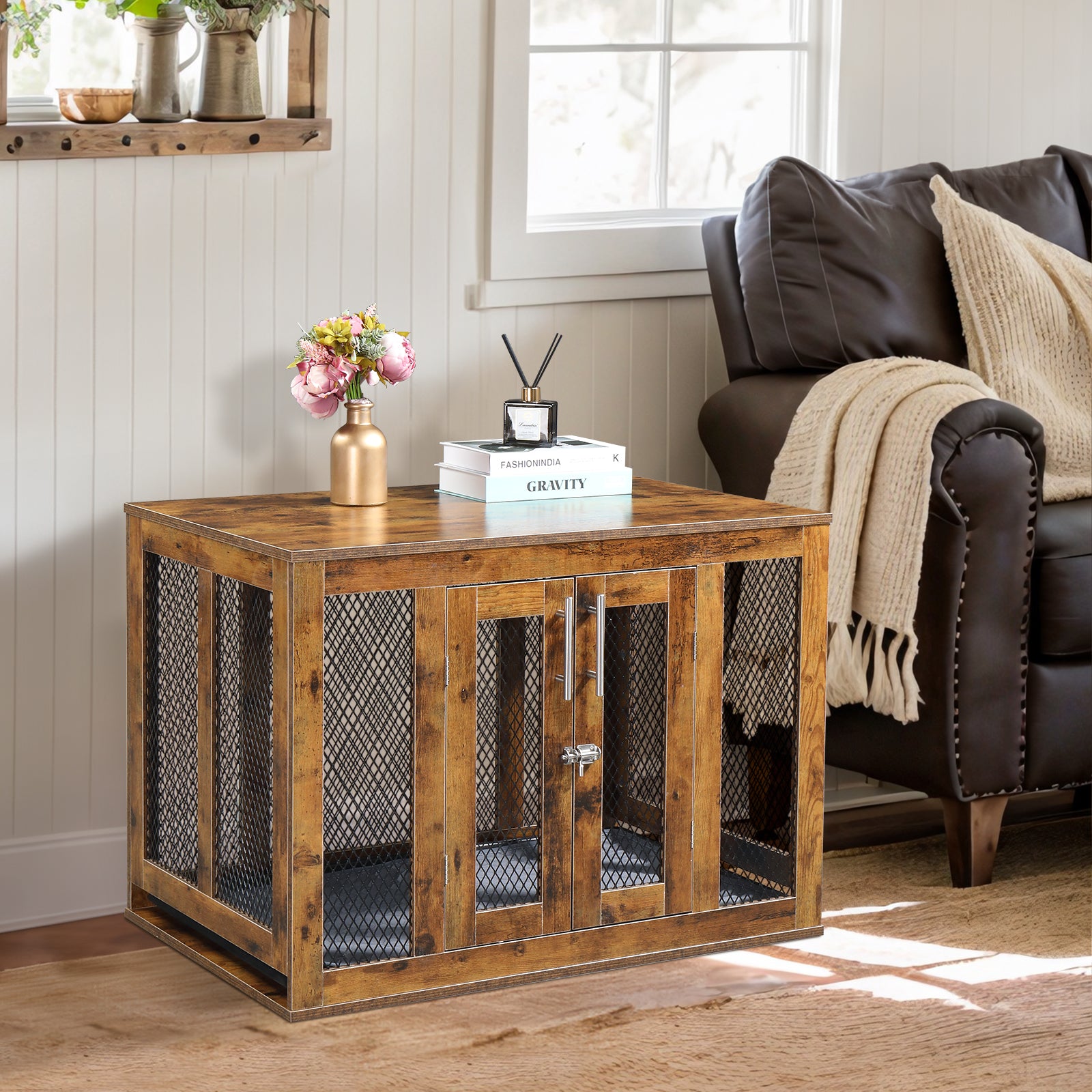 HAOYYE Furniture Dog Crate with Tray for Medium Dogs, Indoor Aesthetic Puppy Kennel Pet House Dog Cage with Door, Modern Decorative Wood Design, Pretty Cute Fancy End Side Table Nightstand, Rustic Brown Soft Finish, Stylish Pet Furniture
