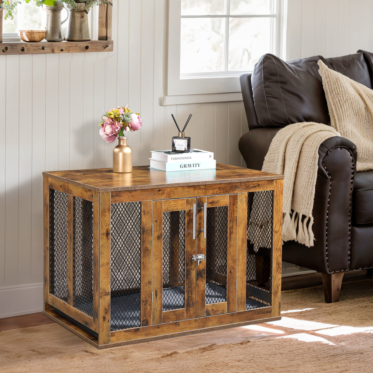 HAOYYE Furniture Dog Crate with Tray for Medium Dogs, Indoor Aesthetic Puppy Kennel Pet House Dog Cage with Door, Modern Decorative Wood Design, Pretty Cute Fancy End Side Table Nightstand, Rustic Brown Soft Finish, Stylish Pet Furniture