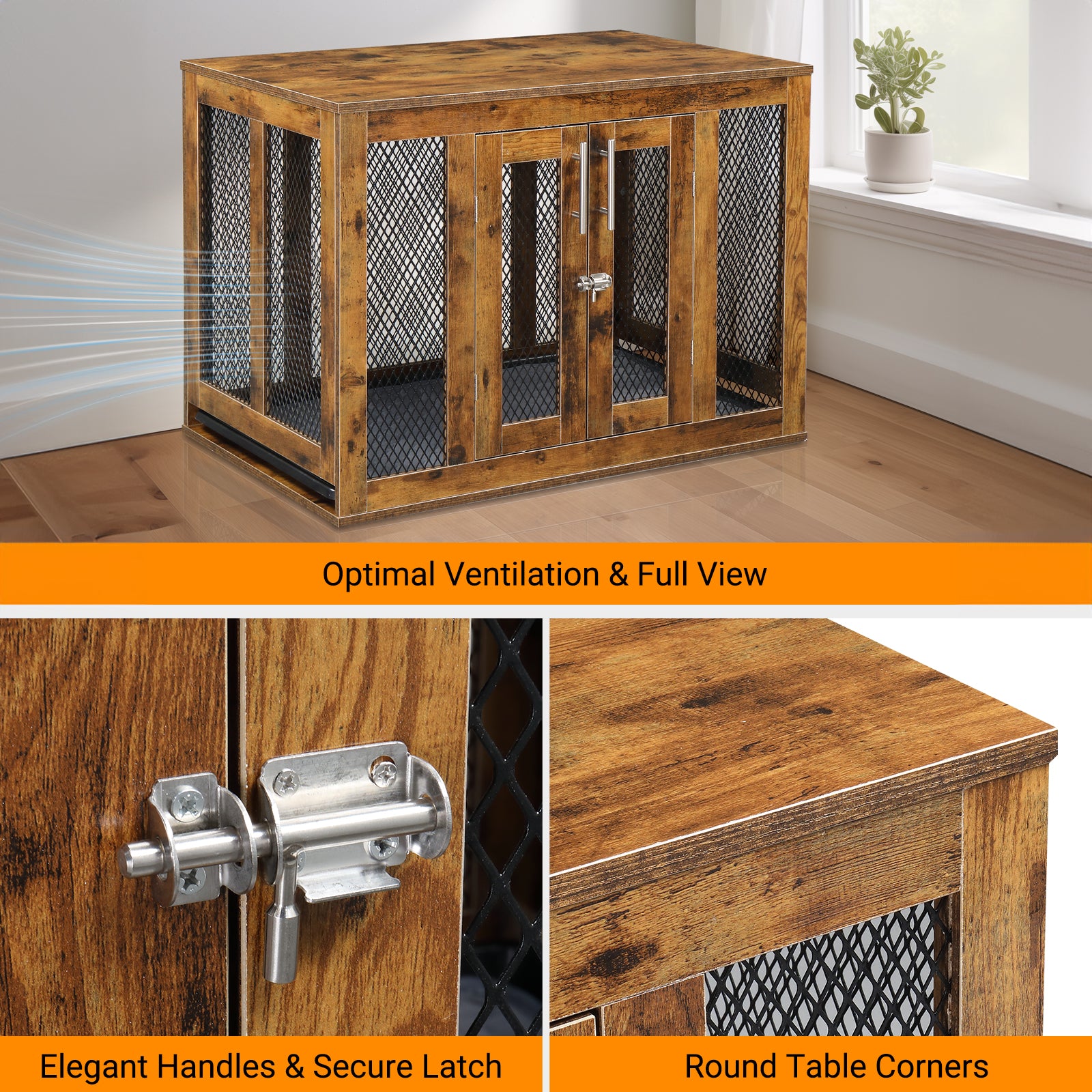 HAOYYE Furniture Dog Crate with Tray for Medium Dogs, Indoor Aesthetic Puppy Kennel Pet House Dog Cage with Door, Modern Decorative Wood Design, Pretty Cute Fancy End Side Table Nightstand, Rustic Brown Soft Finish, Stylish Pet Furniture