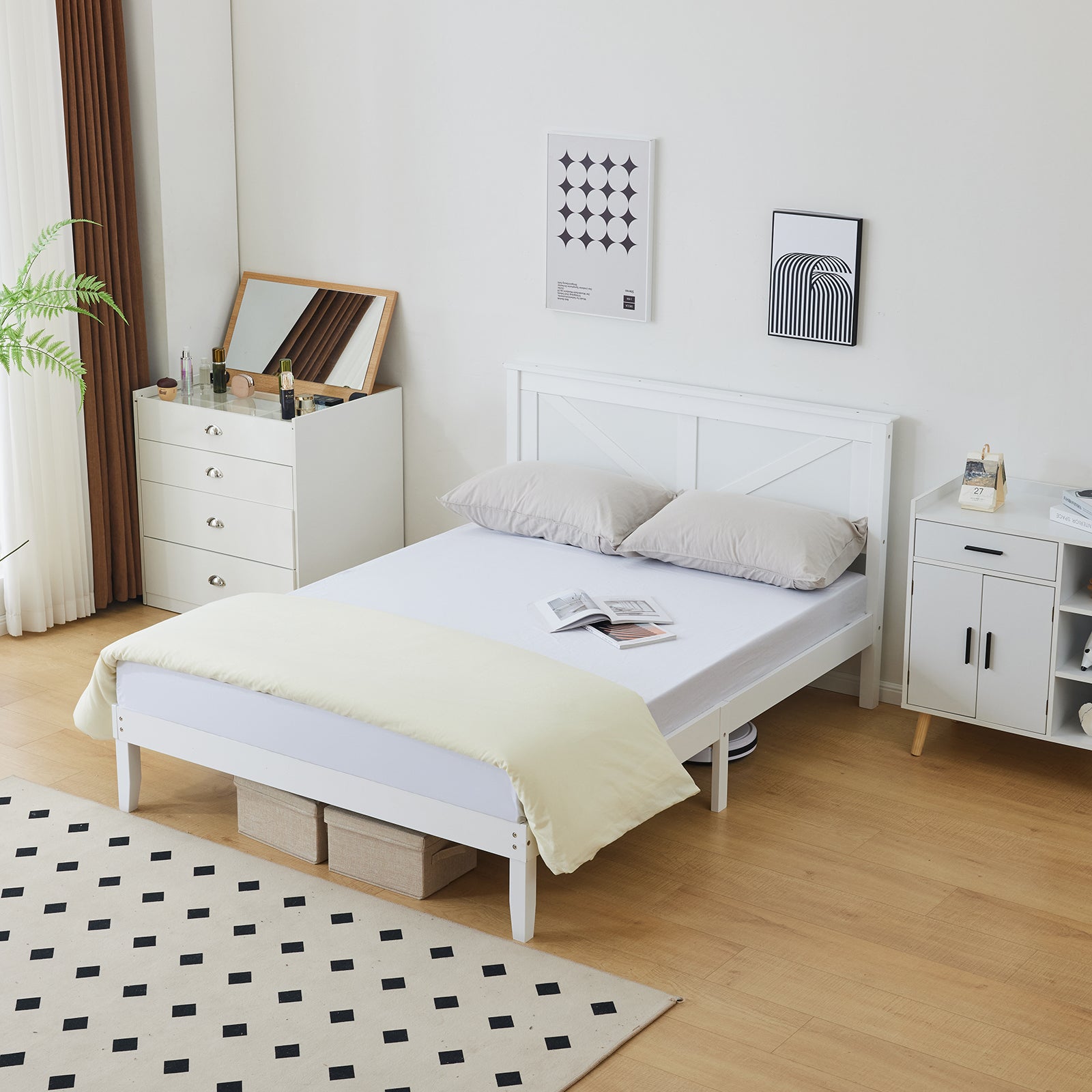 HAOYYE Queen Size Solid Wood Platform Bed Frame with Headboard, White - Sturdy Wooden Slat Support, No Box Spring Needed, Modern Design, Easy Assembly, Perfect for Bedroom, Durable, Space-Saving, Classic White Finish for Home Décor