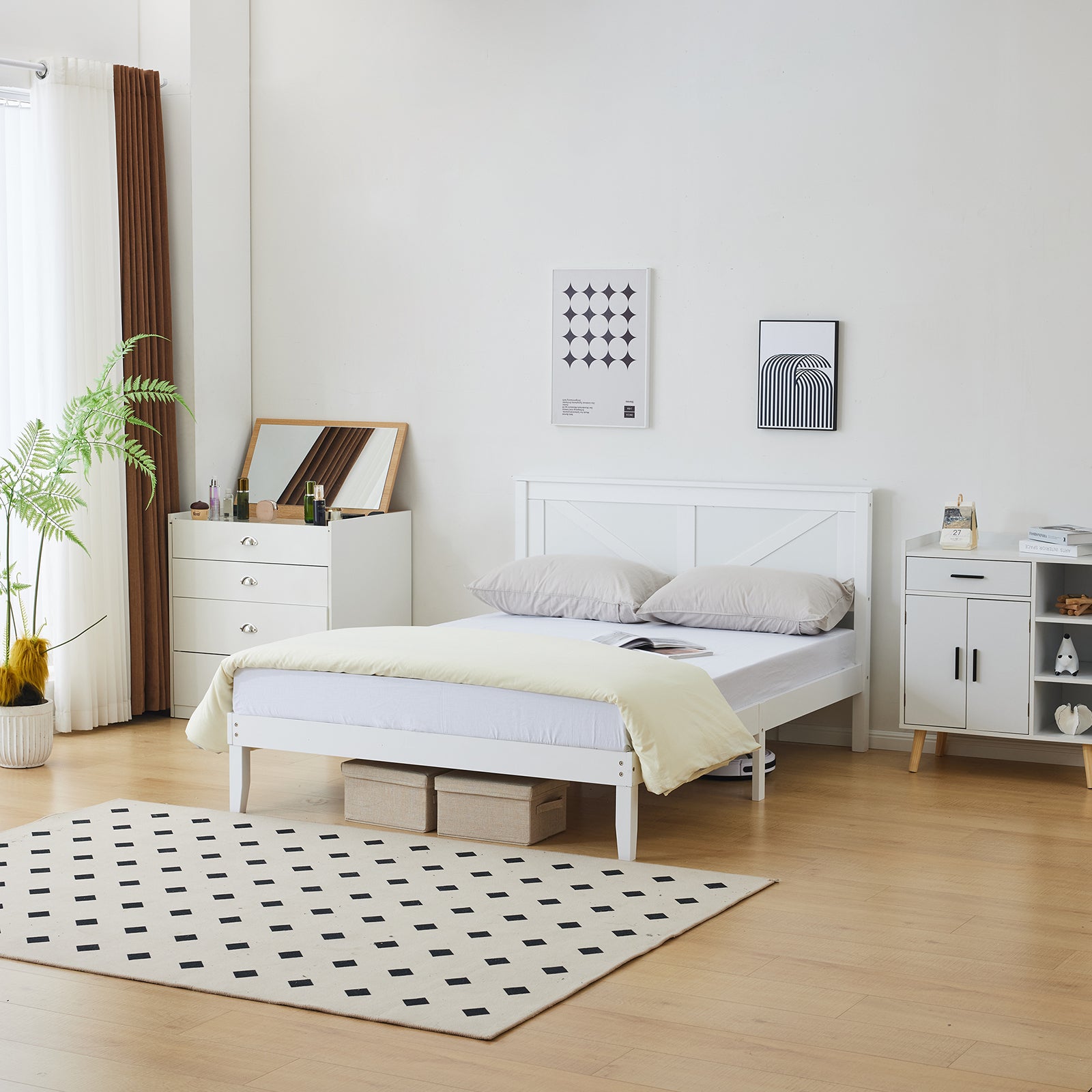 HAOYYE Queen Size Solid Wood Platform Bed Frame with Headboard, White - Sturdy Wooden Slat Support, No Box Spring Needed, Modern Design, Easy Assembly, Perfect for Bedroom, Durable, Space-Saving, Classic White Finish for Home Décor