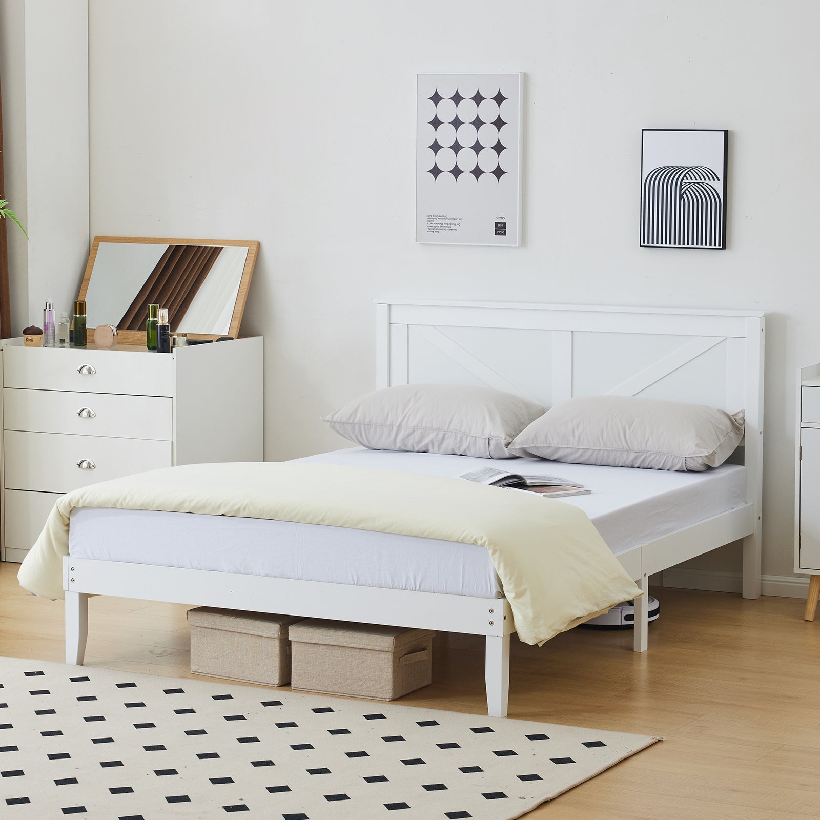 HAOYYE Queen Size Solid Wood Platform Bed Frame with Headboard, White - Sturdy Wooden Slat Support, No Box Spring Needed, Modern Design, Easy Assembly, Perfect for Bedroom, Durable, Space-Saving, Classic White Finish for Home Décor