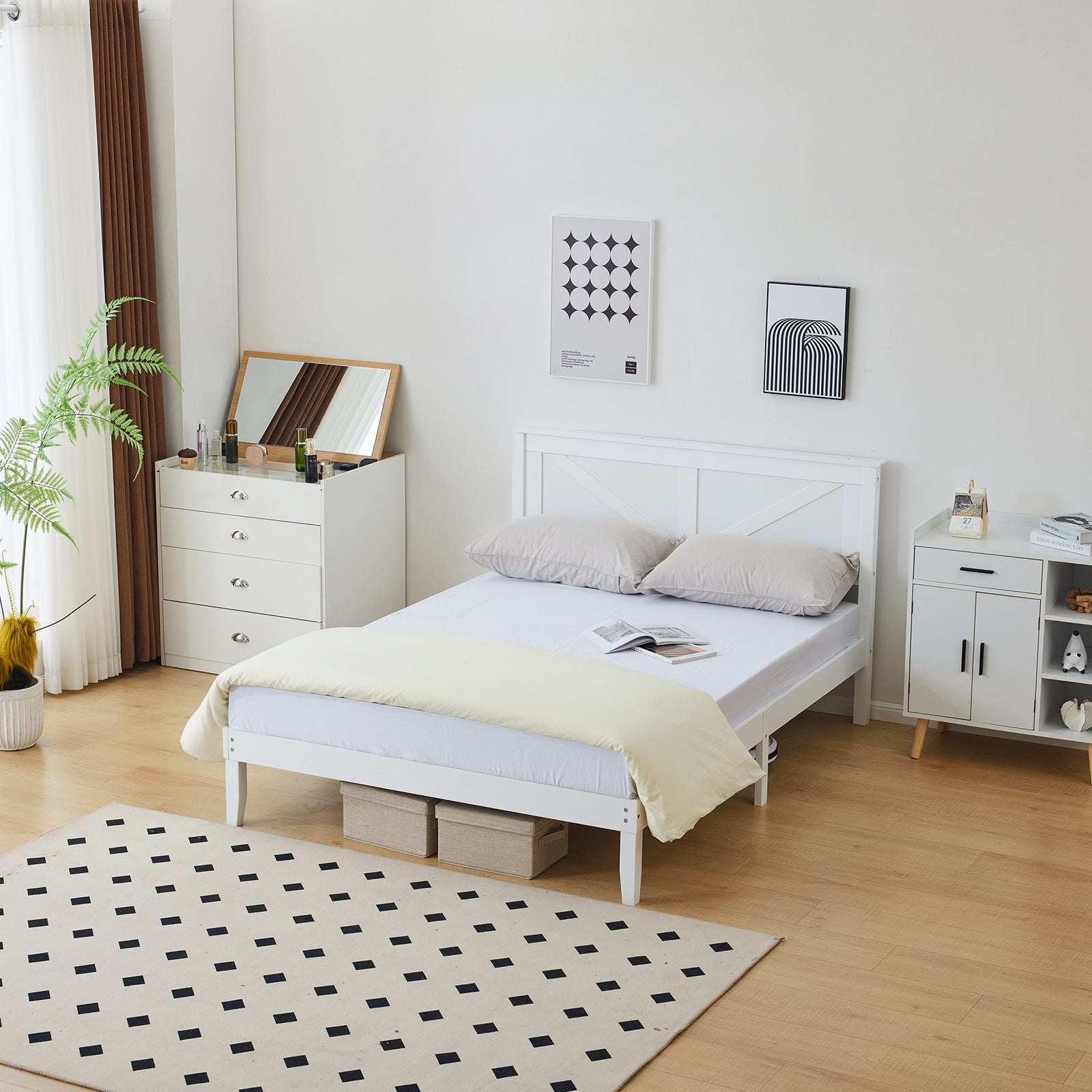 HAOYYE Queen Size Solid Wood Platform Bed Frame with Headboard, White - Sturdy Wooden Slat Support, No Box Spring Needed, Modern Design, Easy Assembly, Perfect for Bedroom, Durable, Space-Saving, Classic White Finish for Home Décor