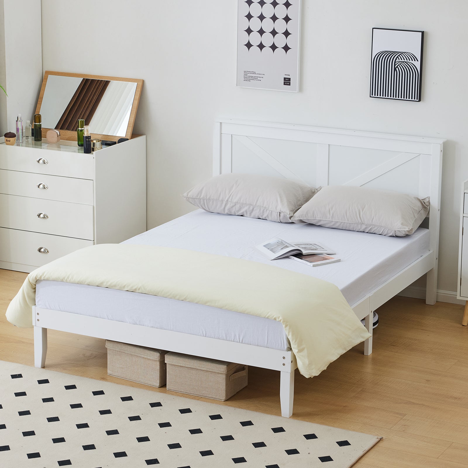 HAOYYE Queen Size Solid Wood Platform Bed Frame with Headboard, White - Sturdy Wooden Slat Support, No Box Spring Needed, Modern Design, Easy Assembly, Perfect for Bedroom, Durable, Space-Saving, Classic White Finish for Home Décor