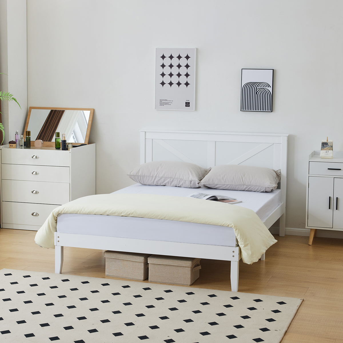 HAOYYE Queen Size Solid Wood Platform Bed Frame with Headboard, White - Sturdy Wooden Slat Support, No Box Spring Needed, Modern Design, Easy Assembly, Perfect for Bedroom, Durable, Space-Saving, Classic White Finish for Home Décor