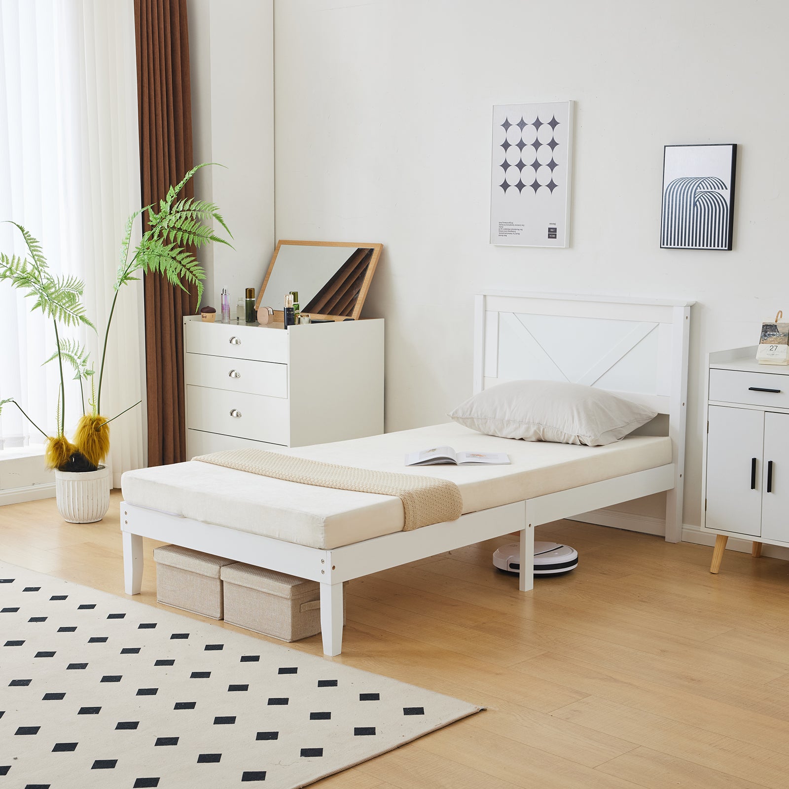HAOYYE Twin Size Solid Wood Platform Bed Frame with Headboard, White Finish, Sturdy and Durable, No Box Spring Needed, Modern Design with Headboard for Bedroom, Easy Assembly, Space-Saving, Comfortable Support for Kids or Guest Room