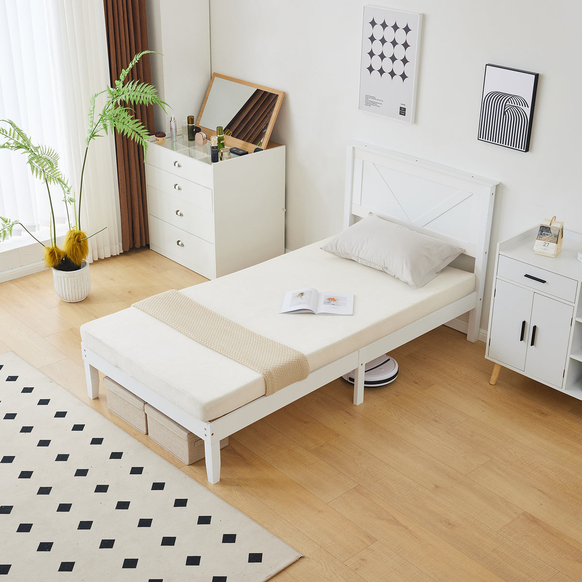 HAOYYE Twin Size Solid Wood Platform Bed Frame with Headboard, White Finish, Sturdy and Durable, No Box Spring Needed, Modern Design with Headboard for Bedroom, Easy Assembly, Space-Saving, Comfortable Support for Kids or Guest Room