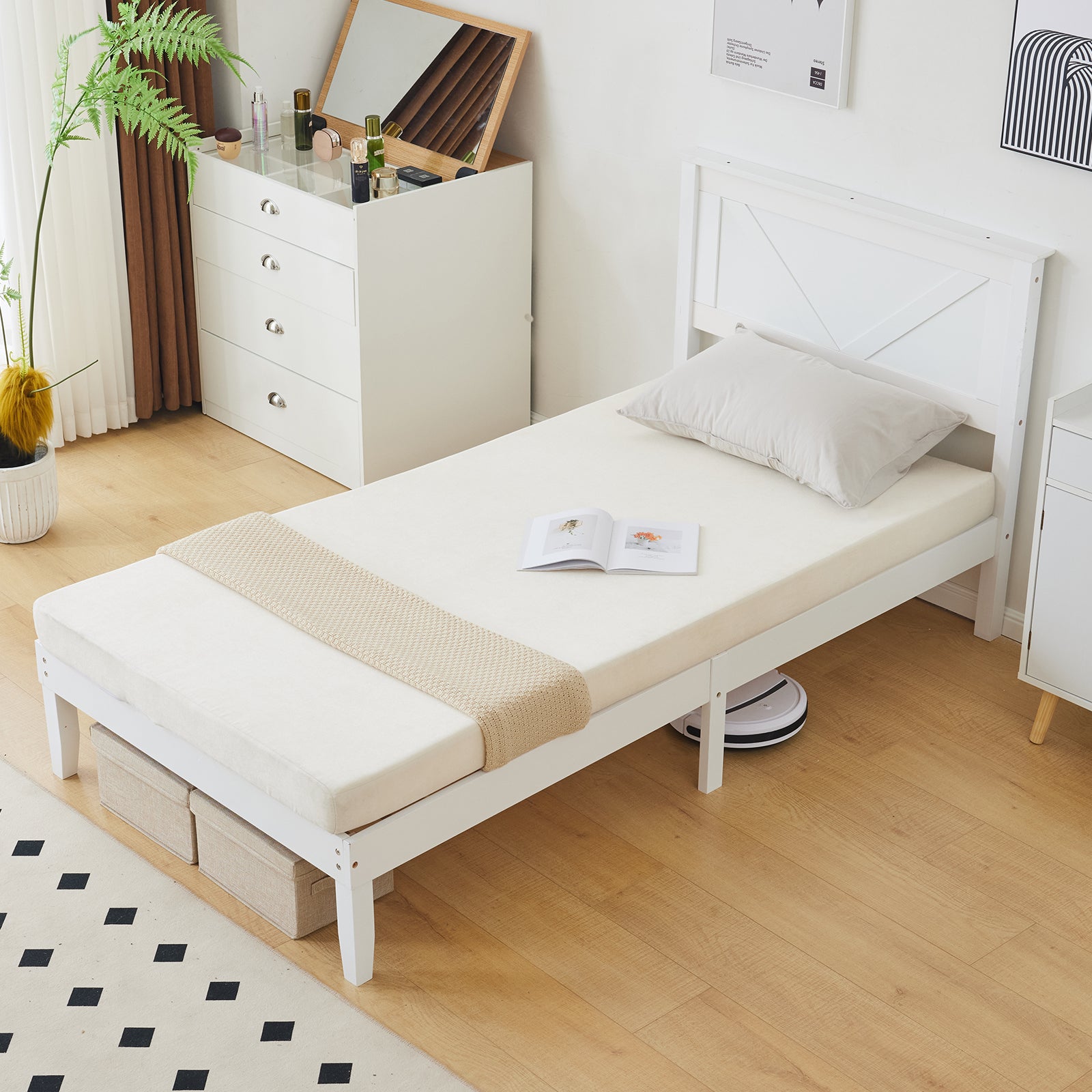 HAOYYE Twin Size Solid Wood Platform Bed Frame with Headboard, White Finish, Sturdy and Durable, No Box Spring Needed, Modern Design with Headboard for Bedroom, Easy Assembly, Space-Saving, Comfortable Support for Kids or Guest Room