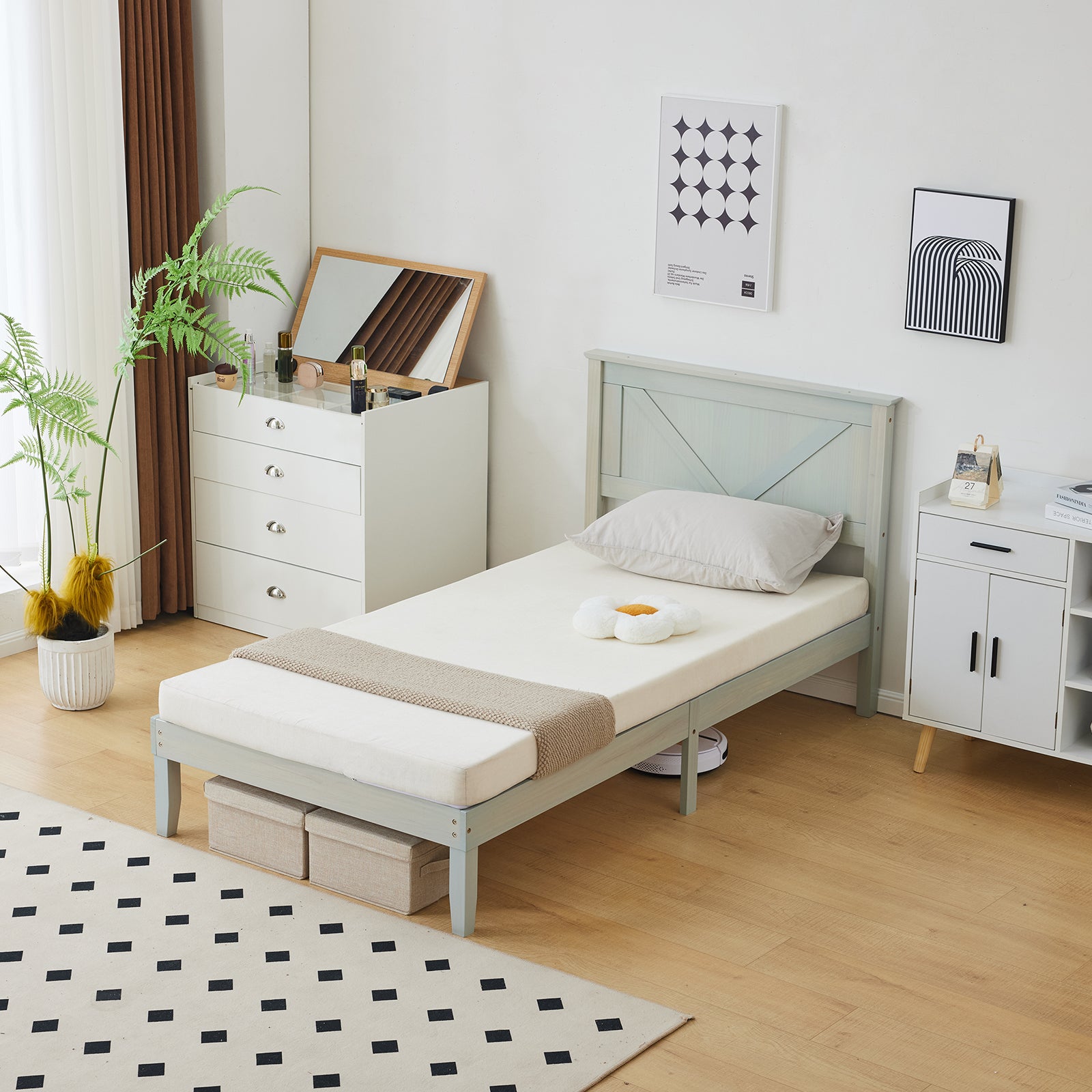 HAOYYE Twin Size Solid Wood Platform Bed Frame with Headboard, Gray Wash Finish, Sturdy and Durable Construction, No Box Spring Needed, Modern Design with Supportive Slats, Easy Assembly, Ideal for Bedroom, Guest Room, and Kids Room