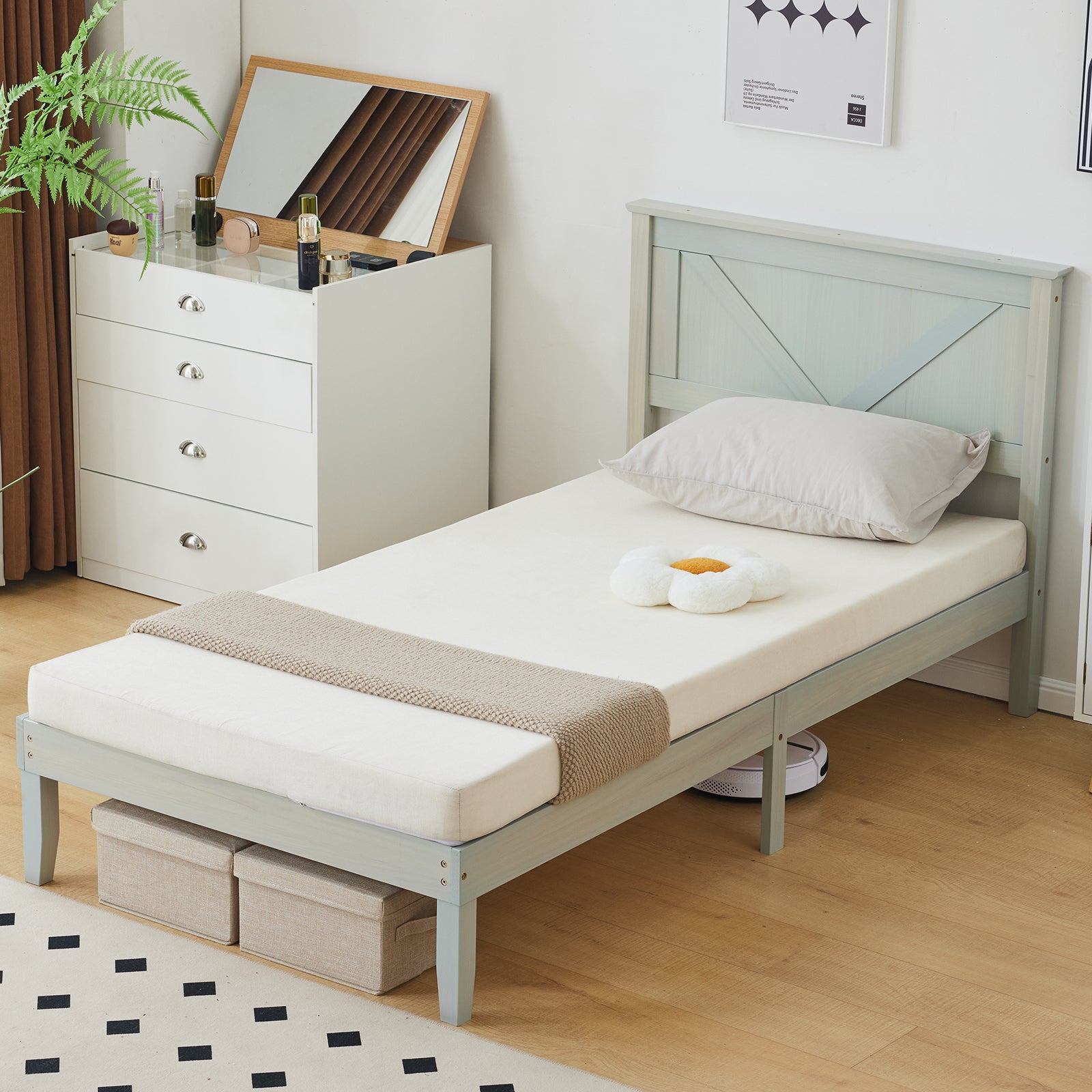 HAOYYE Twin Size Solid Wood Platform Bed Frame with Headboard, Gray Wash Finish, Sturdy and Durable Construction, No Box Spring Needed, Modern Design with Supportive Slats, Easy Assembly, Ideal for Bedroom, Guest Room, and Kids Room