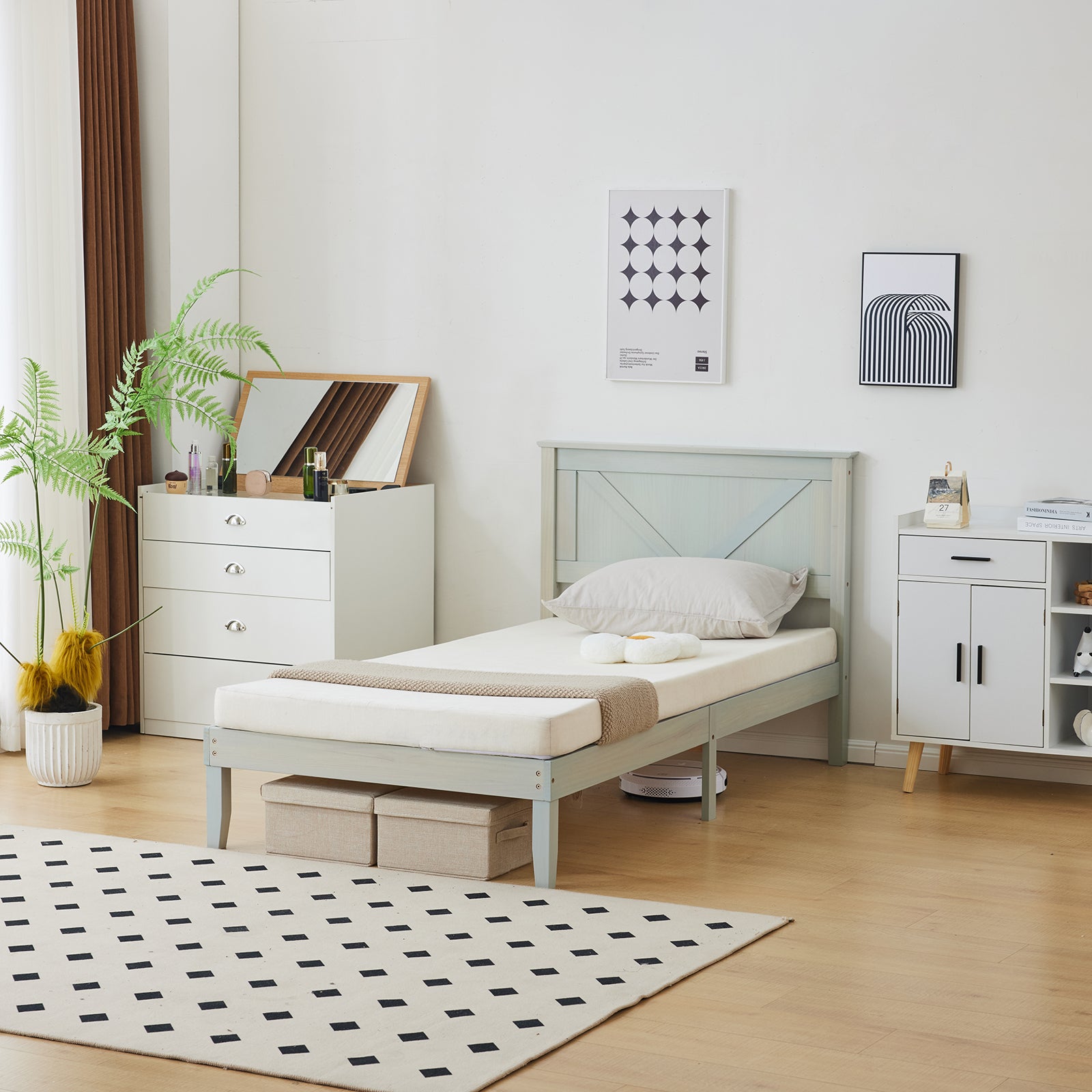 HAOYYE Twin Size Solid Wood Platform Bed Frame with Headboard, Gray Wash Finish, Sturdy and Durable Construction, No Box Spring Needed, Modern Design with Supportive Slats, Easy Assembly, Ideal for Bedroom, Guest Room, and Kids Room