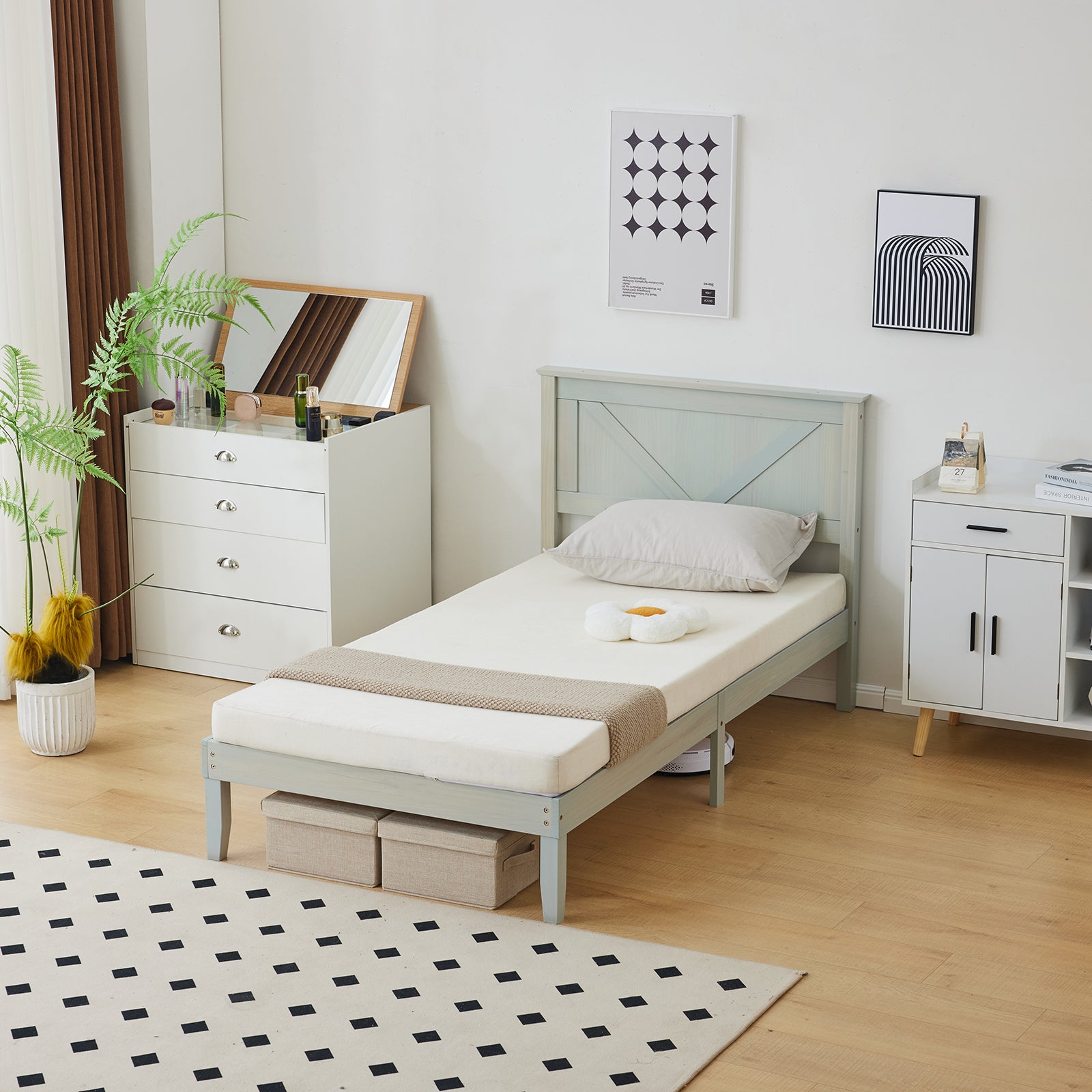 HAOYYE Twin Size Solid Wood Platform Bed Frame with Headboard, Gray Wash Finish, Sturdy and Durable Construction, No Box Spring Needed, Modern Design with Supportive Slats, Easy Assembly, Ideal for Bedroom, Guest Room, and Kids Room