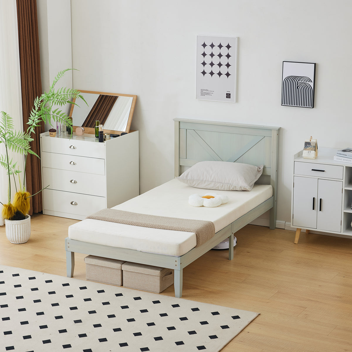 HAOYYE Twin Size Solid Wood Platform Bed Frame with Headboard, Gray Wash Finish, Sturdy and Durable Construction, No Box Spring Needed, Modern Design with Supportive Slats, Easy Assembly, Ideal for Bedroom, Guest Room, and Kids Room