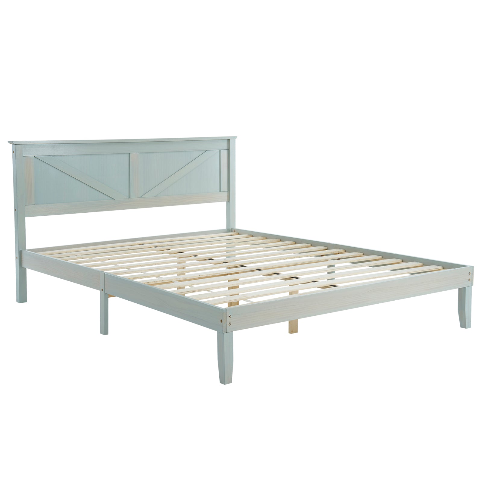 HAOYYE Full Size Solid Wood Platform Bed Frame with Headboard, Gray Wash Finish, Sturdy and Durable, No Box Spring Needed, Modern Minimalist Design, Easy Assembly, Stable Support with 9 Legs and 14 Slats, Perfect for Bedroom or Guest Room