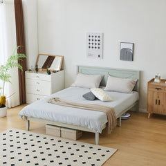 HAOYYE Full Size Solid Wood Platform Bed Frame with Headboard, Gray Wash Finish, Sturdy and Durable, No Box Spring Needed, Modern Minimalist Design, Easy Assembly, Stable Support with 9 Legs and 14 Slats, Perfect for Bedroom or Guest Room