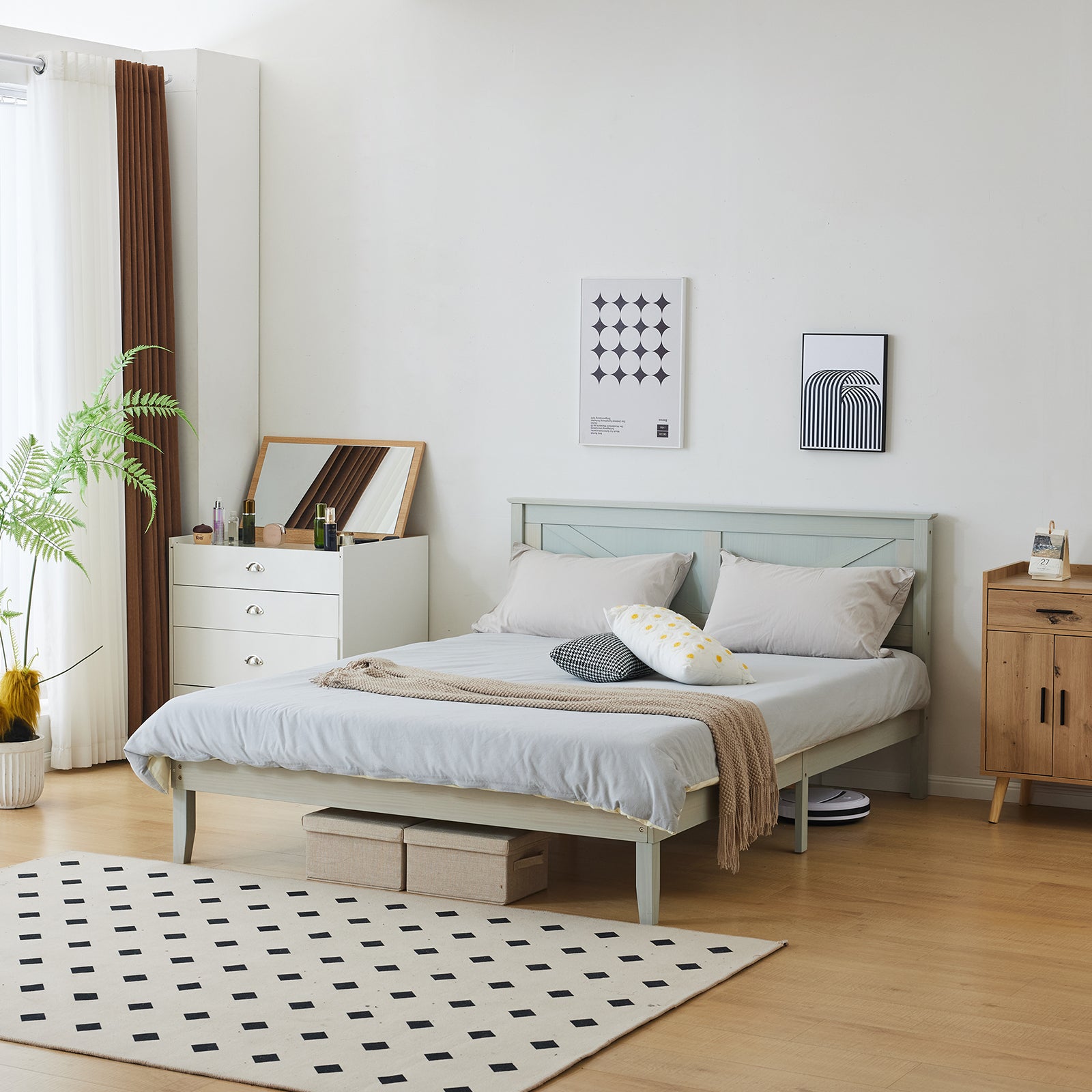 HAOYYE Full Size Solid Wood Platform Bed Frame with Headboard, Gray Wash Finish, Sturdy and Durable, No Box Spring Needed, Modern Minimalist Design, Easy Assembly, Stable Support with 9 Legs and 14 Slats, Perfect for Bedroom or Guest Room