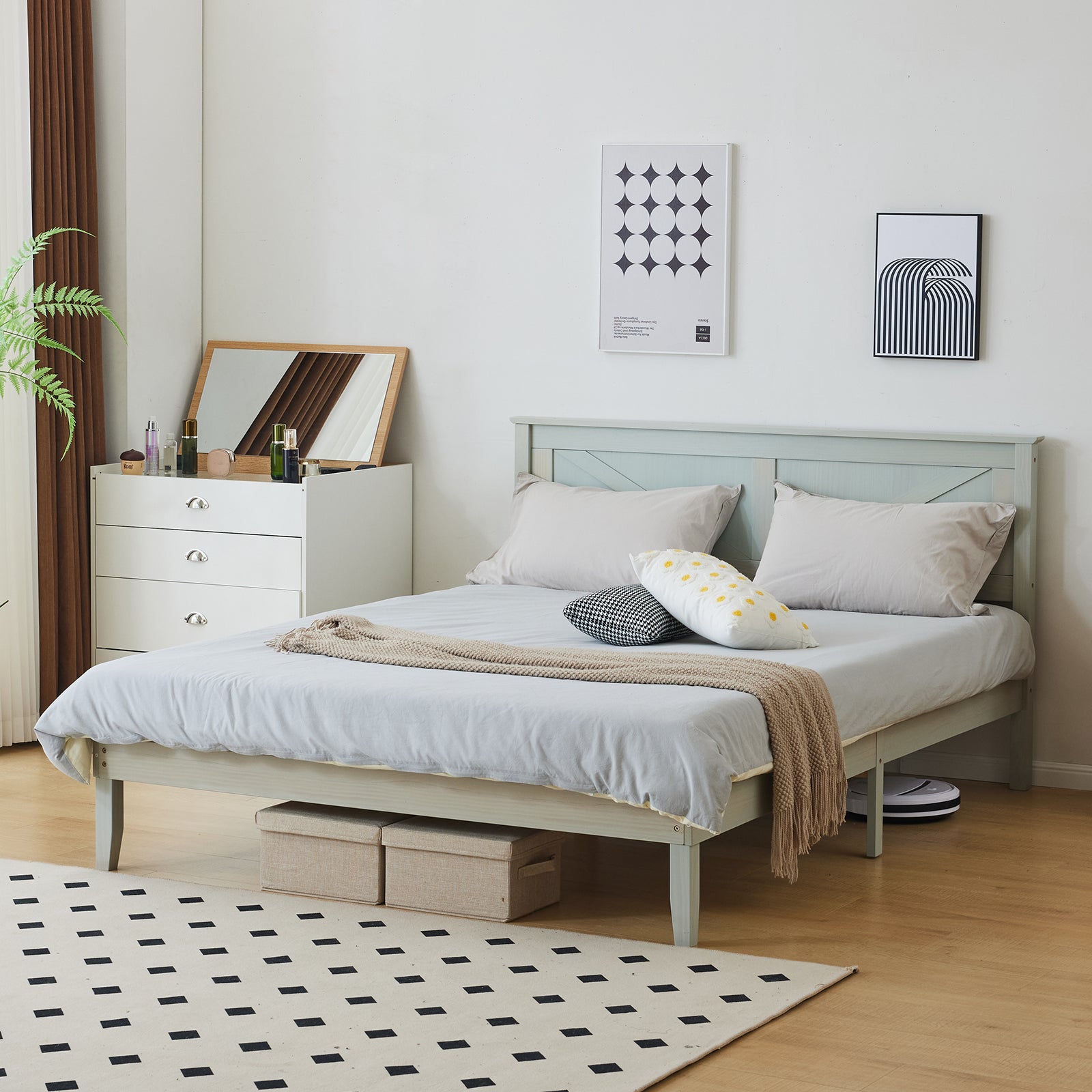 HAOYYE Full Size Solid Wood Platform Bed Frame with Headboard, Gray Wash Finish, Sturdy and Durable, No Box Spring Needed, Modern Minimalist Design, Easy Assembly, Stable Support with 9 Legs and 14 Slats, Perfect for Bedroom or Guest Room